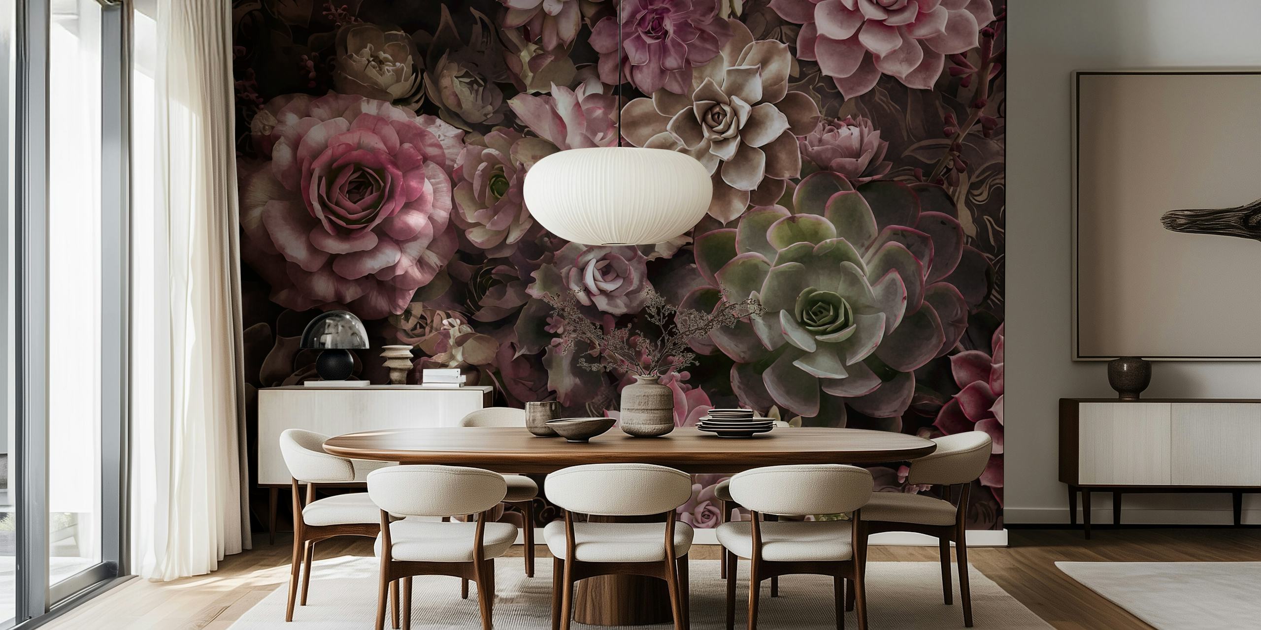 Desert Garden fotobehang met stemmige bloemen en vetplanten in gedempte tinten