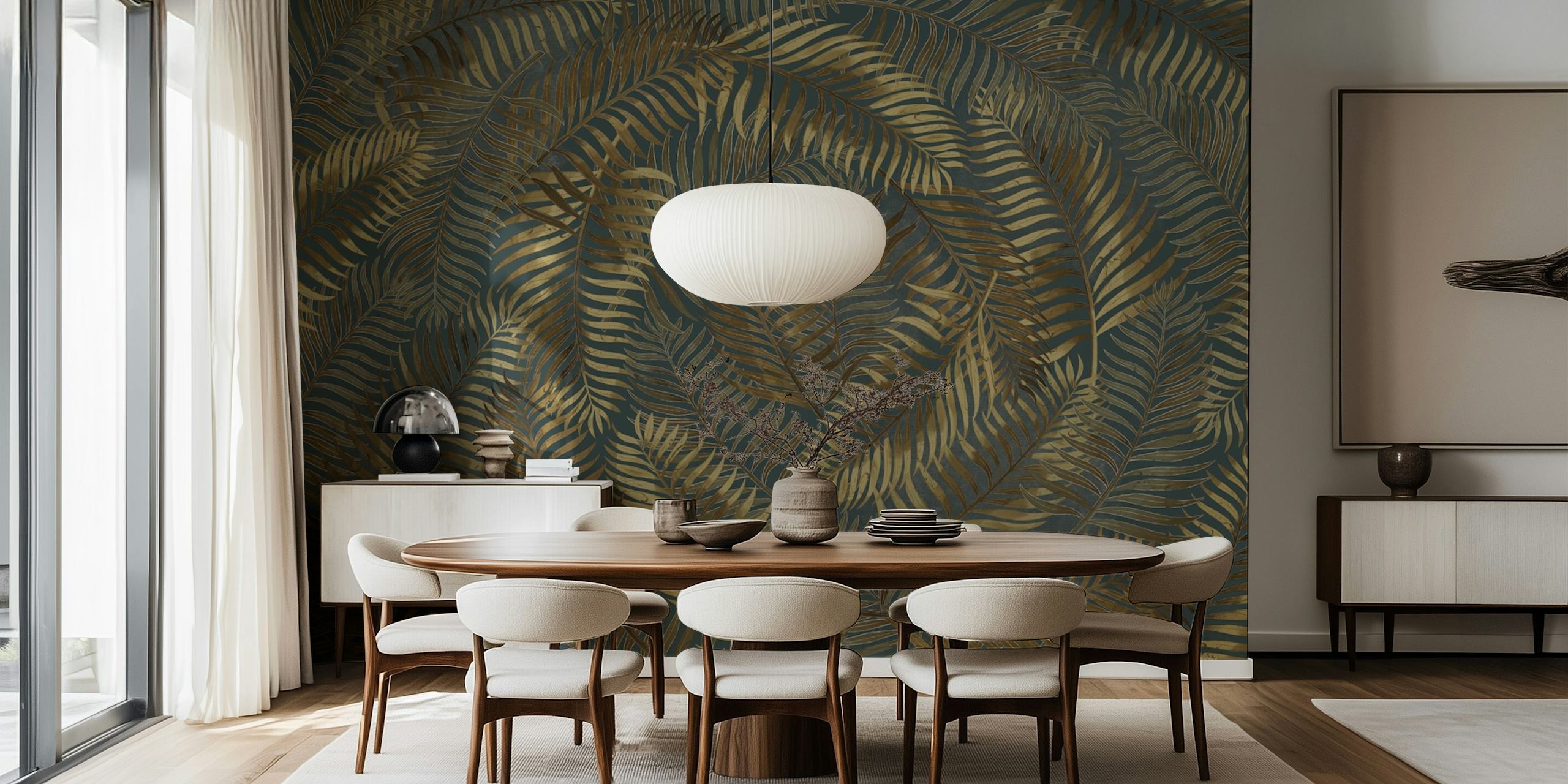 Tropical palm leaves in green and gold tones wallpaper