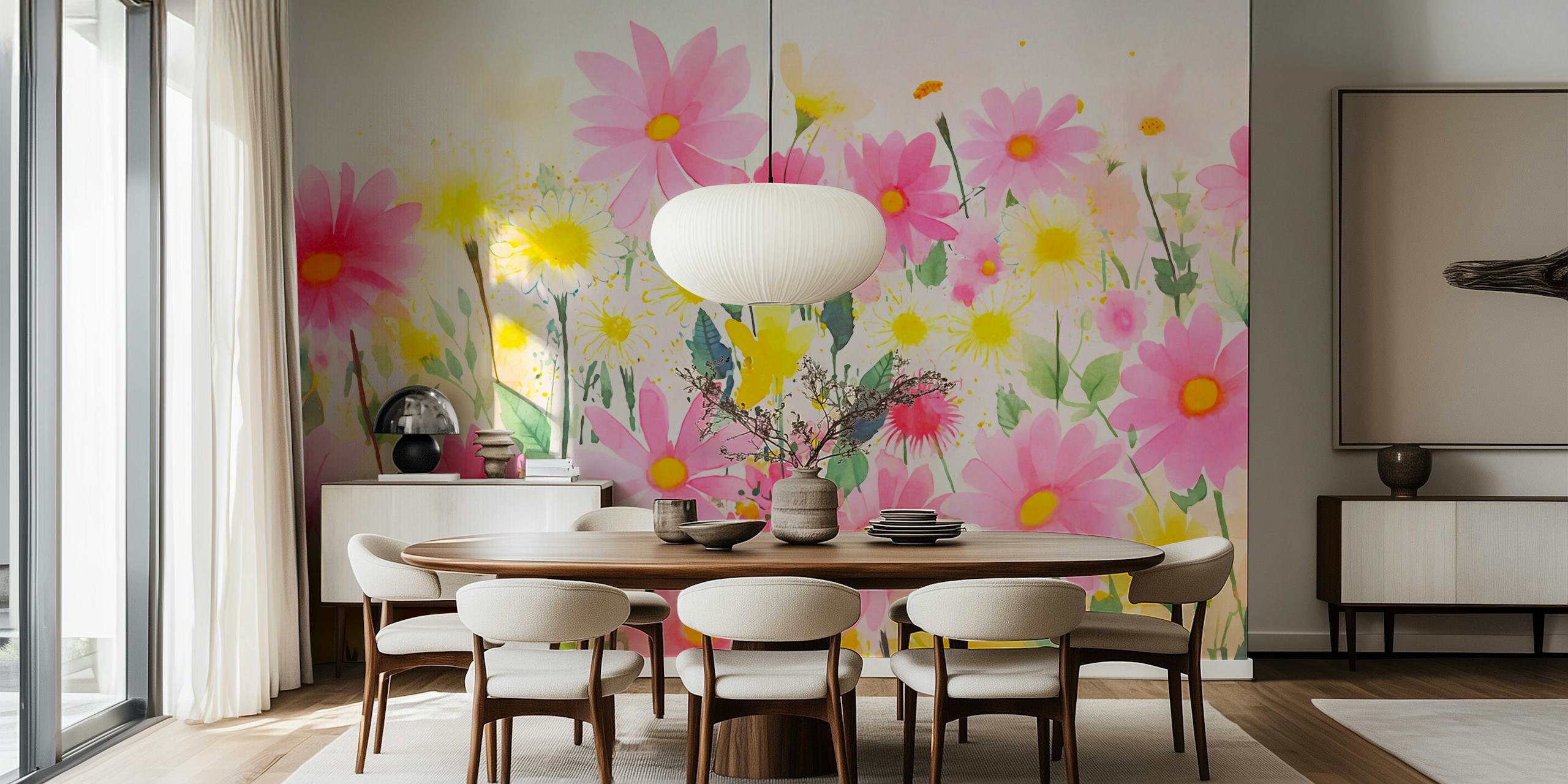 Vibrant pink and yellow flowers with green leaves in a whimsical floral pattern wallpaper