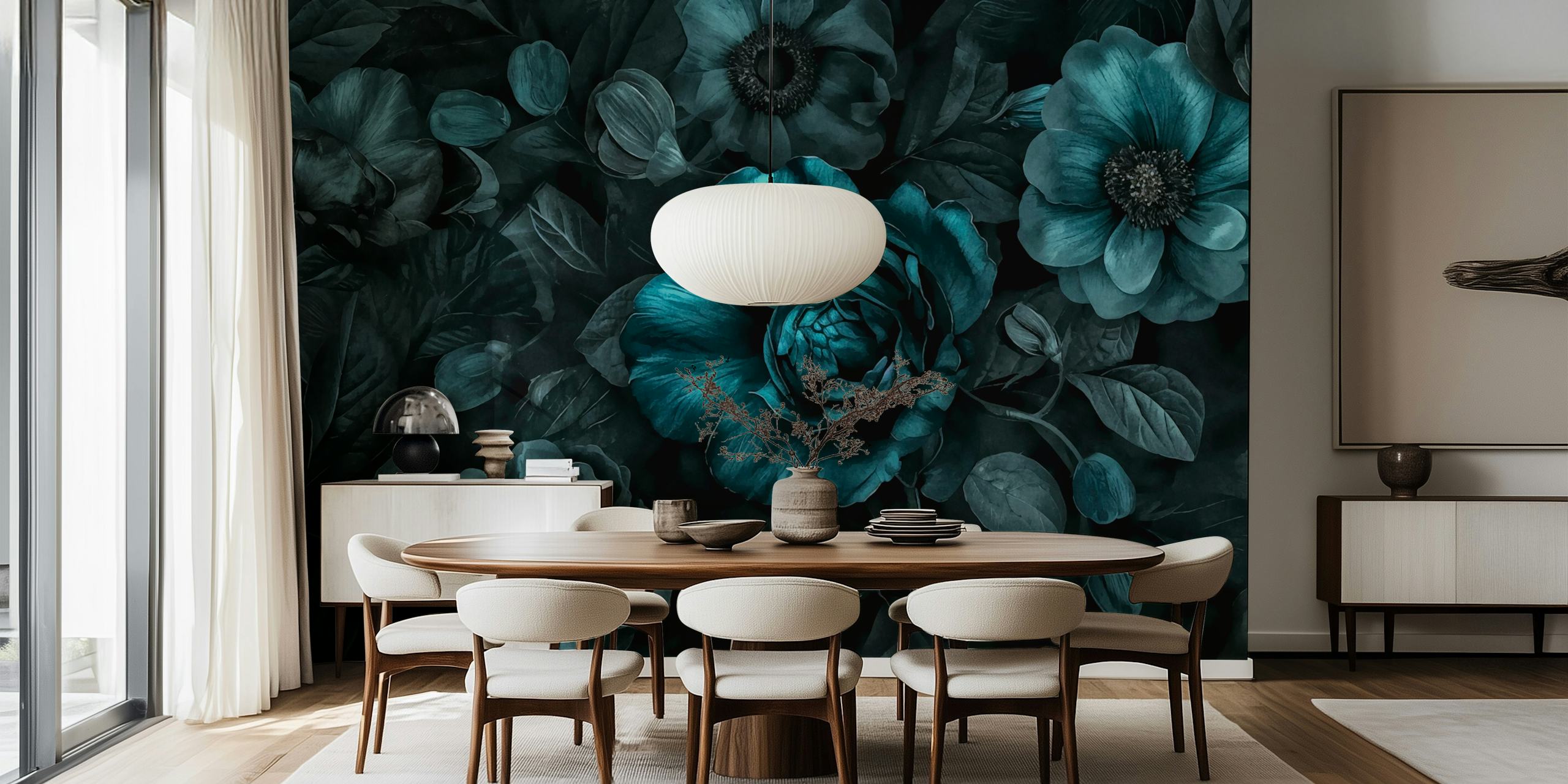 Dark floral wallpaper with teal flowers