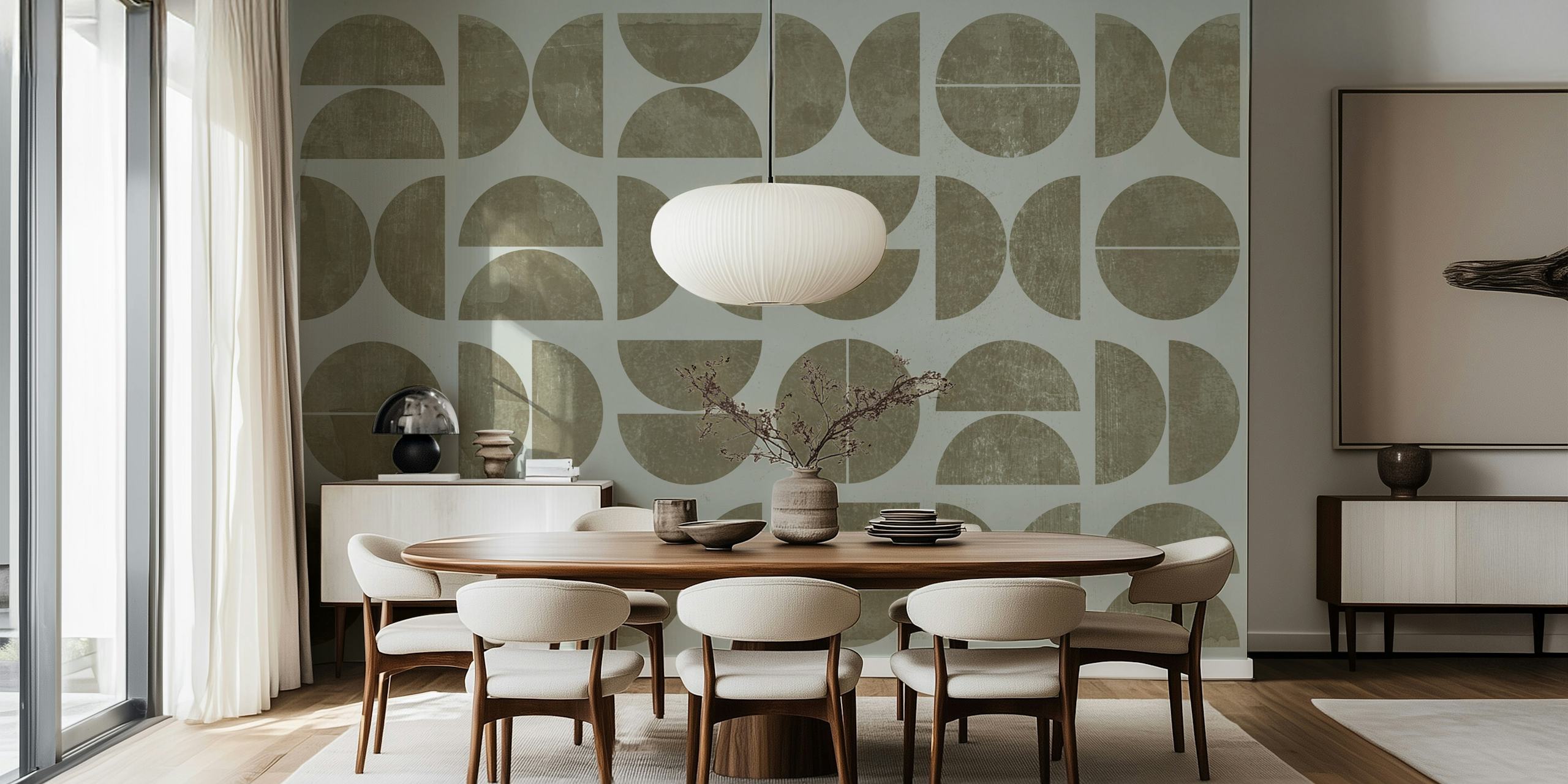 Modern grey and tan geometric wallpaper in a room