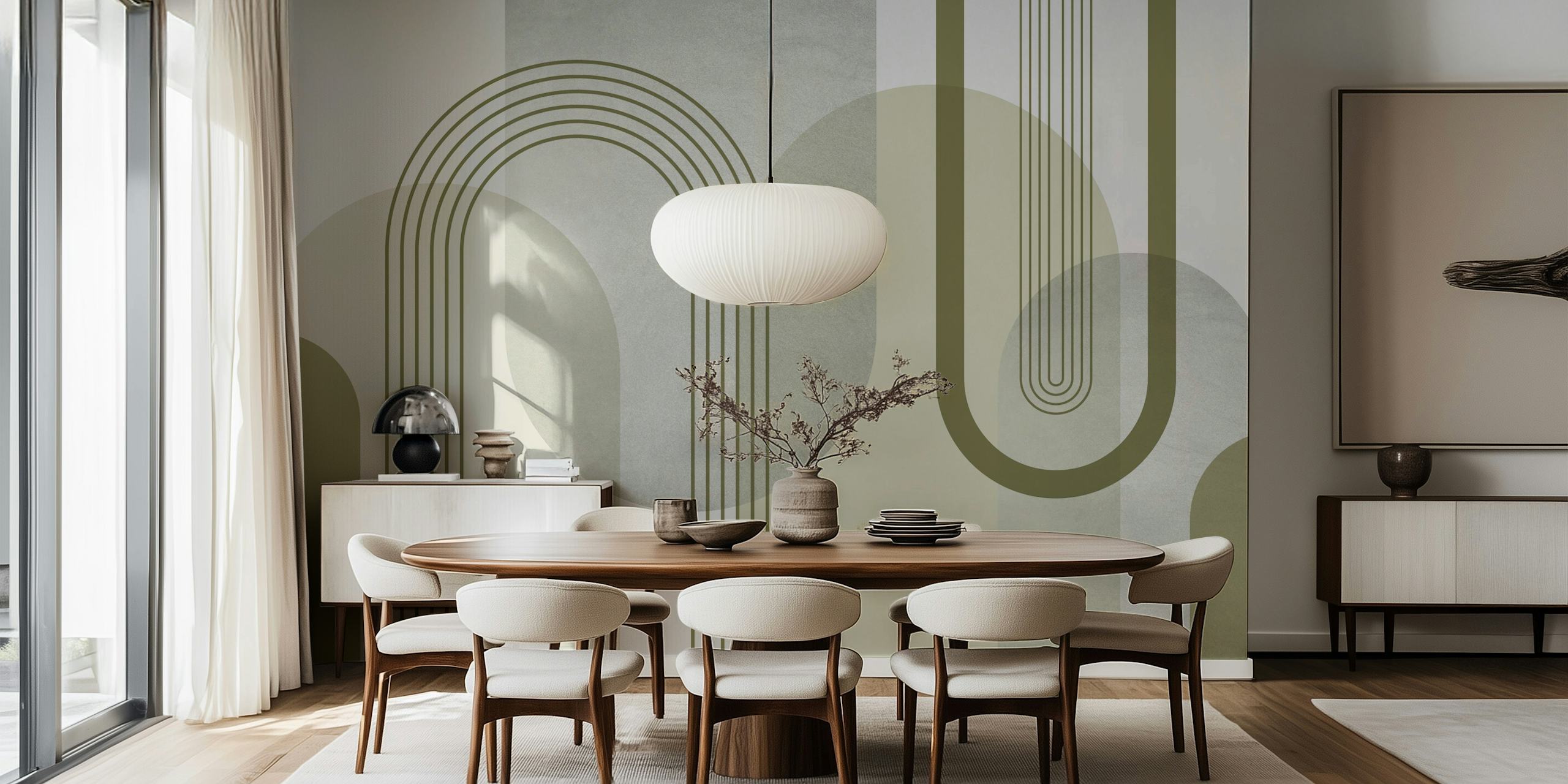 Sage Green Mid Century Arches wallpaper in a room