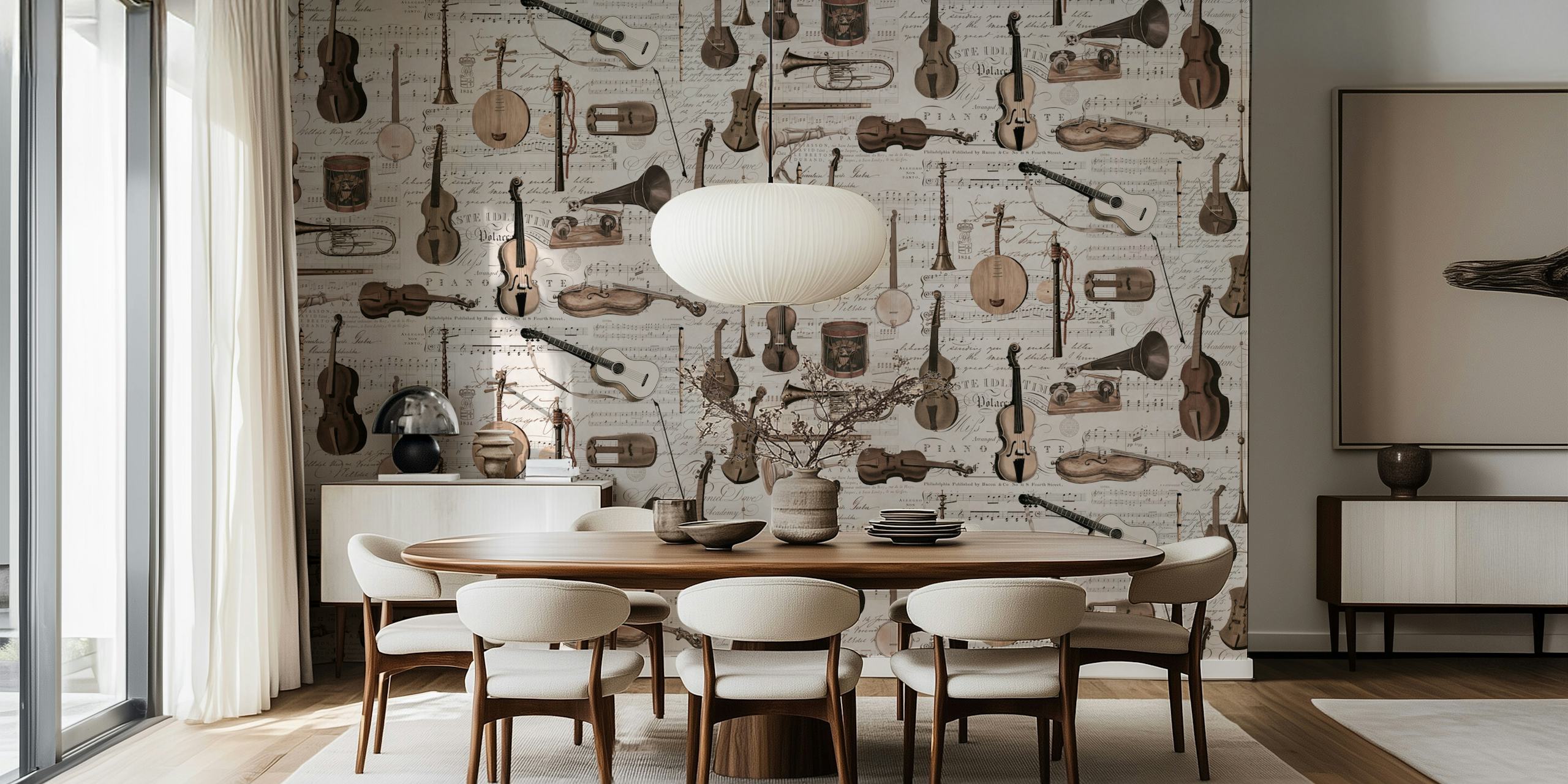 Vintage music instruments and sheet music design in brown wallpaper