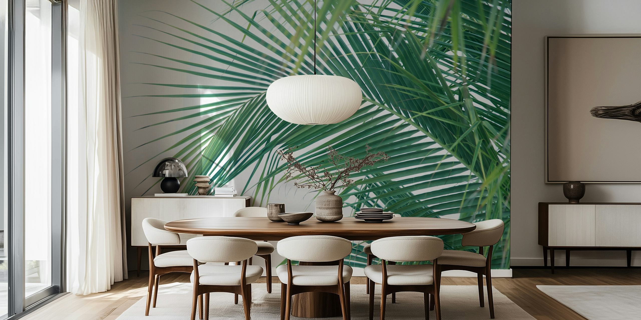 Green tropical palm leaf wall mural wallpaper