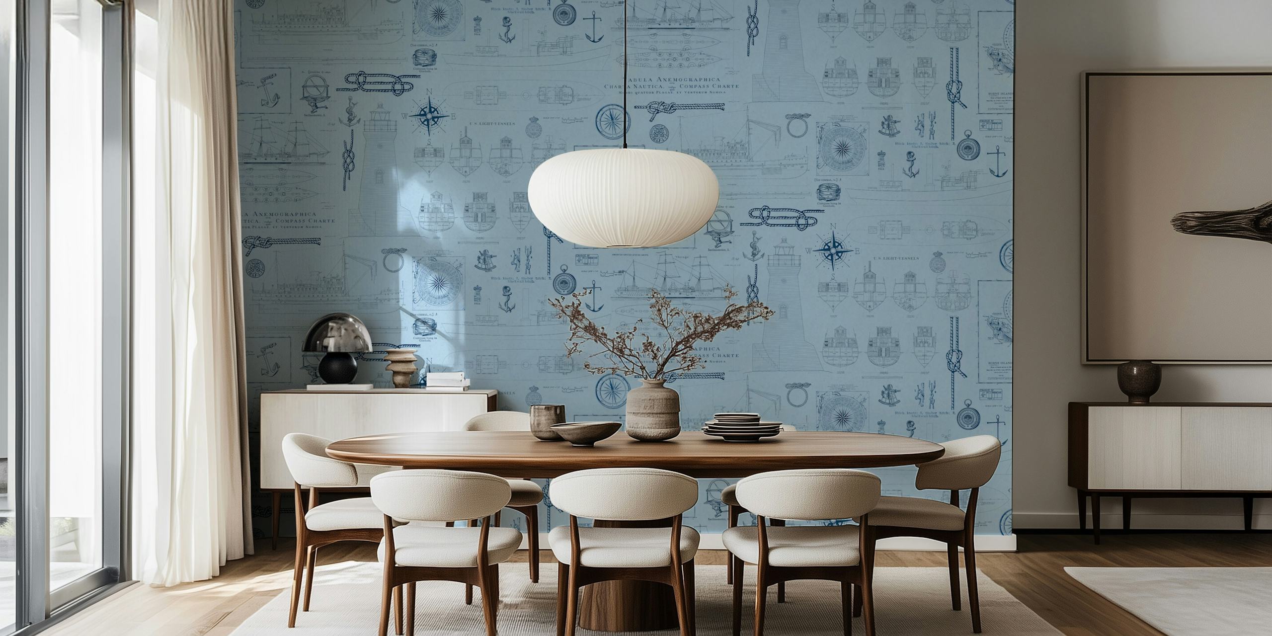 Vintage nautical-themed wall mural with ships and compass designs