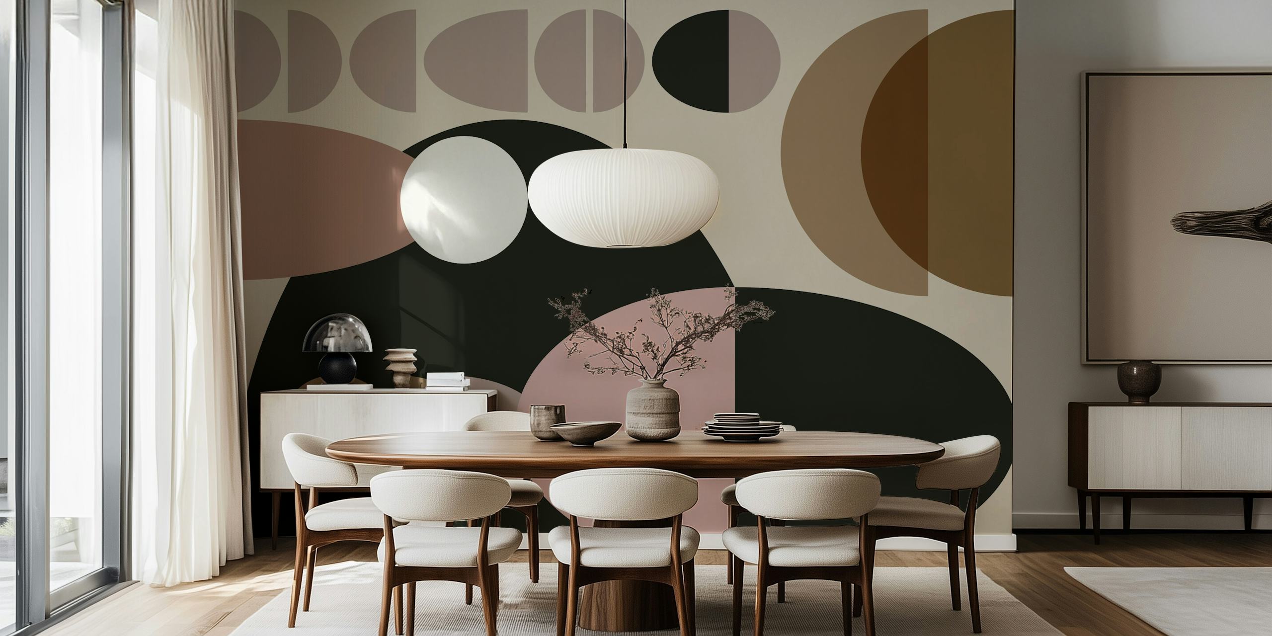 Moody neutral mid-century pebbles wallpaper in a room