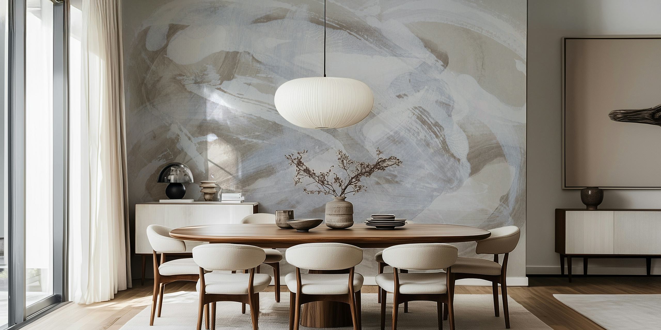 Minimalistic abstract brush strokes wall mural in shades of white and grey