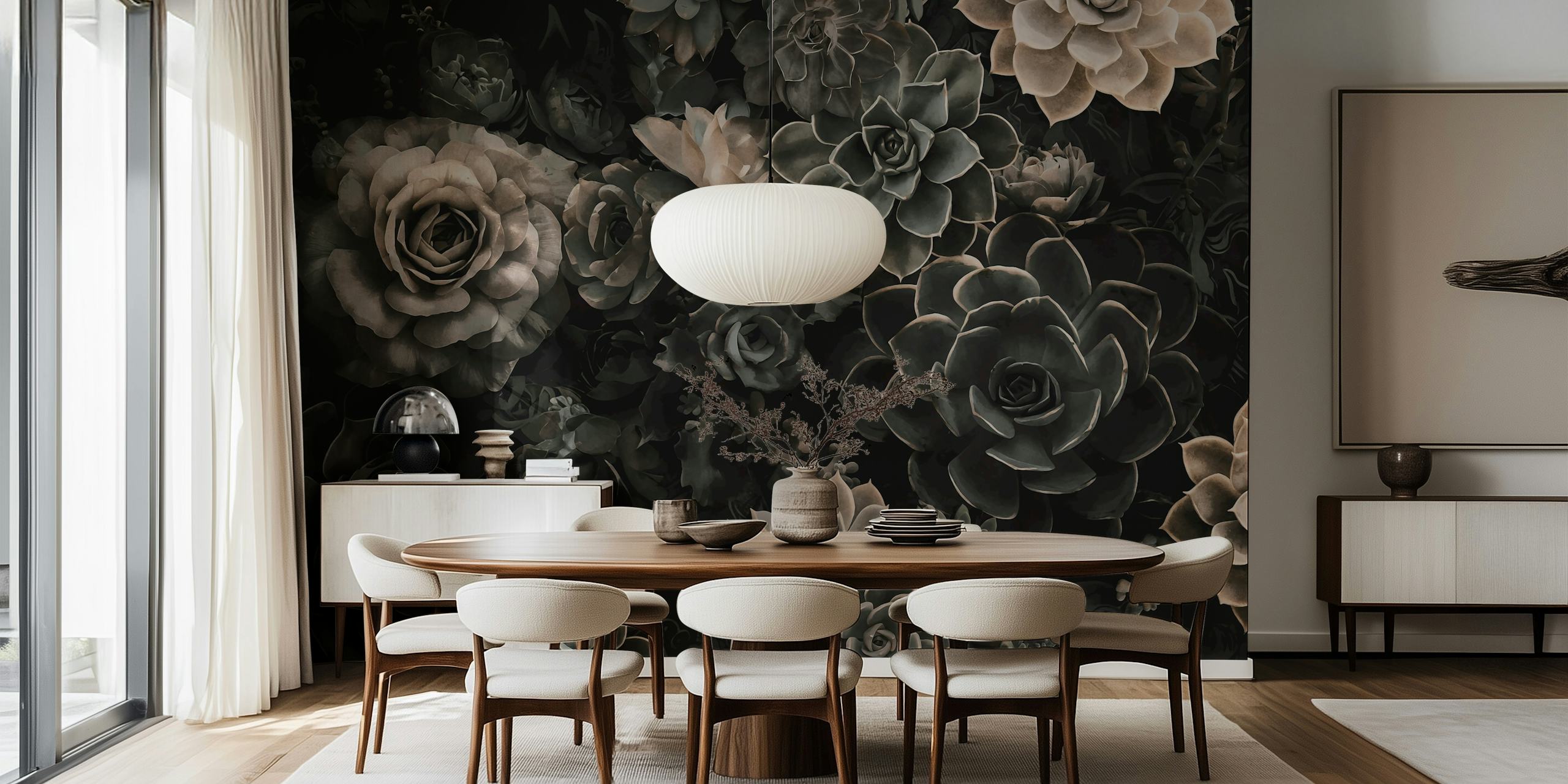 Moody floral and succulent wall mural in grey tones