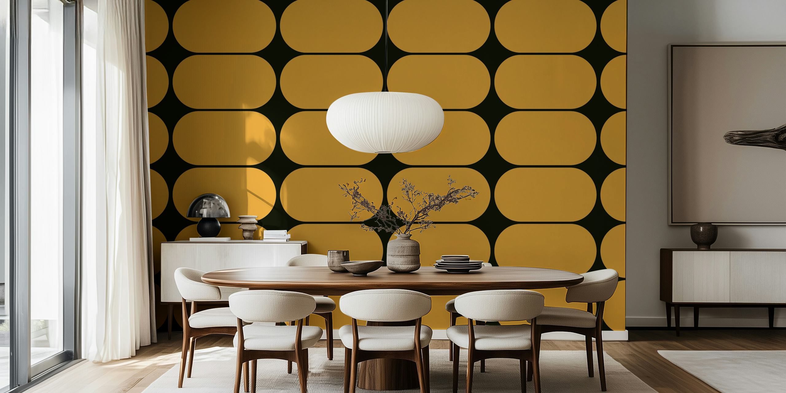 Muted geometric oval pattern in beige and black wallpaper
