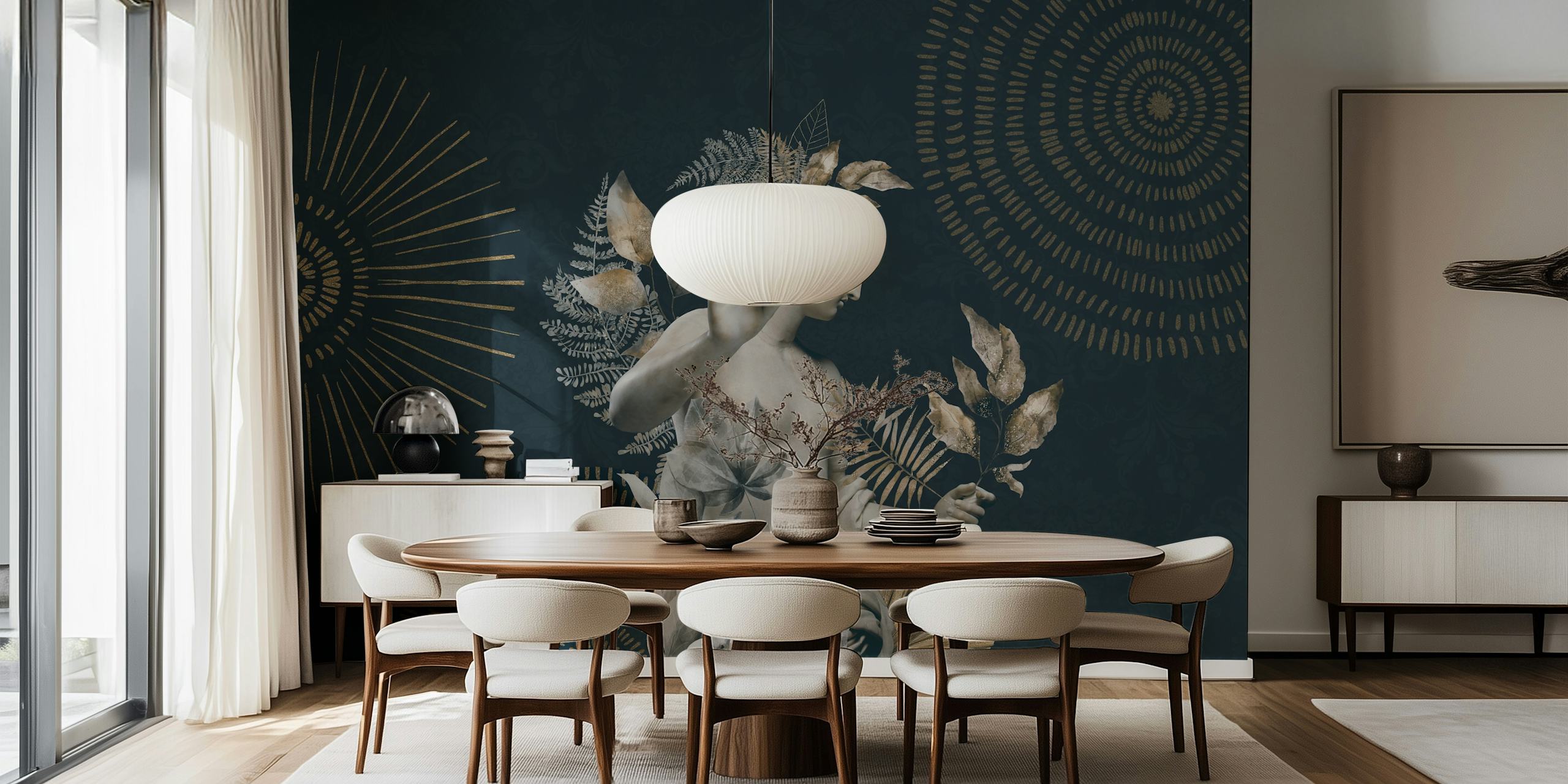 Female figurative art surrounded by gold leaves and patterns wallpaper