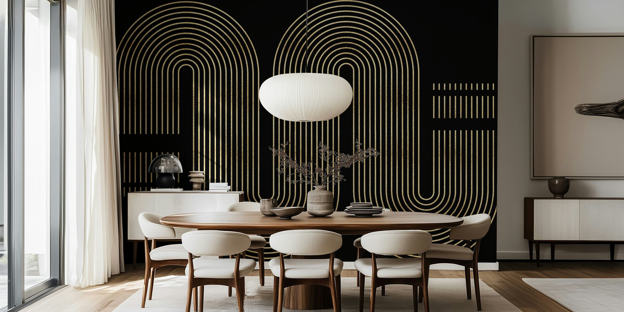 Gold lines create a wavy geometric design on a black background wallpaper