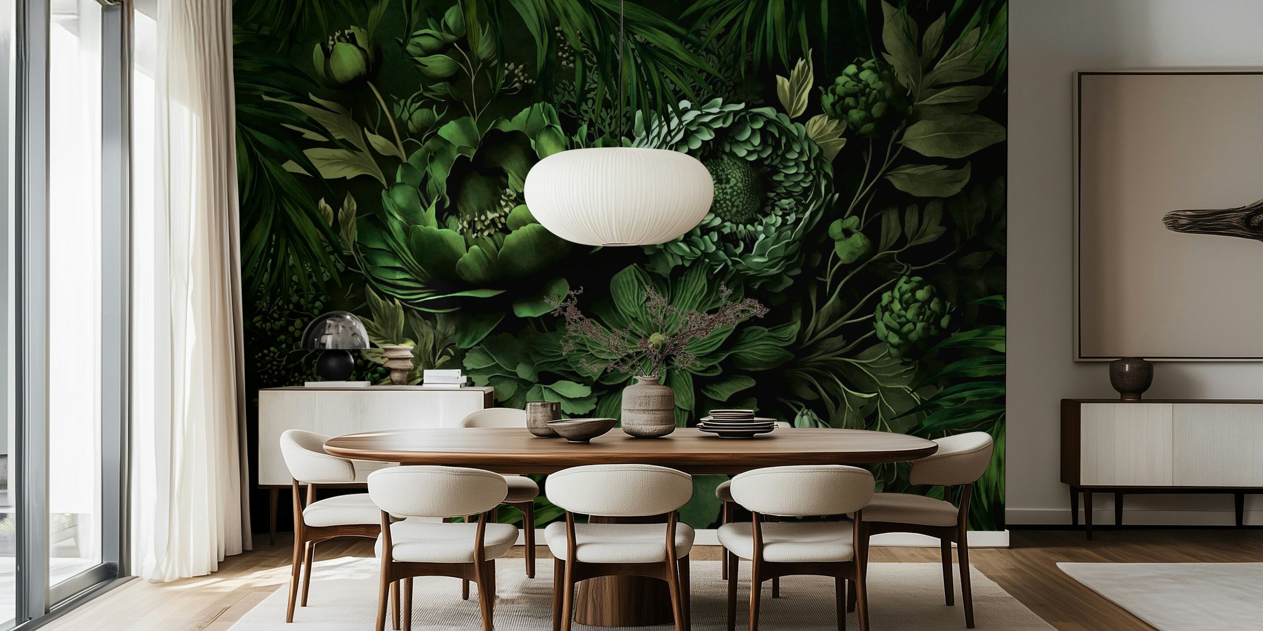 Lush green jungle flowers with dark foliage wallpaper