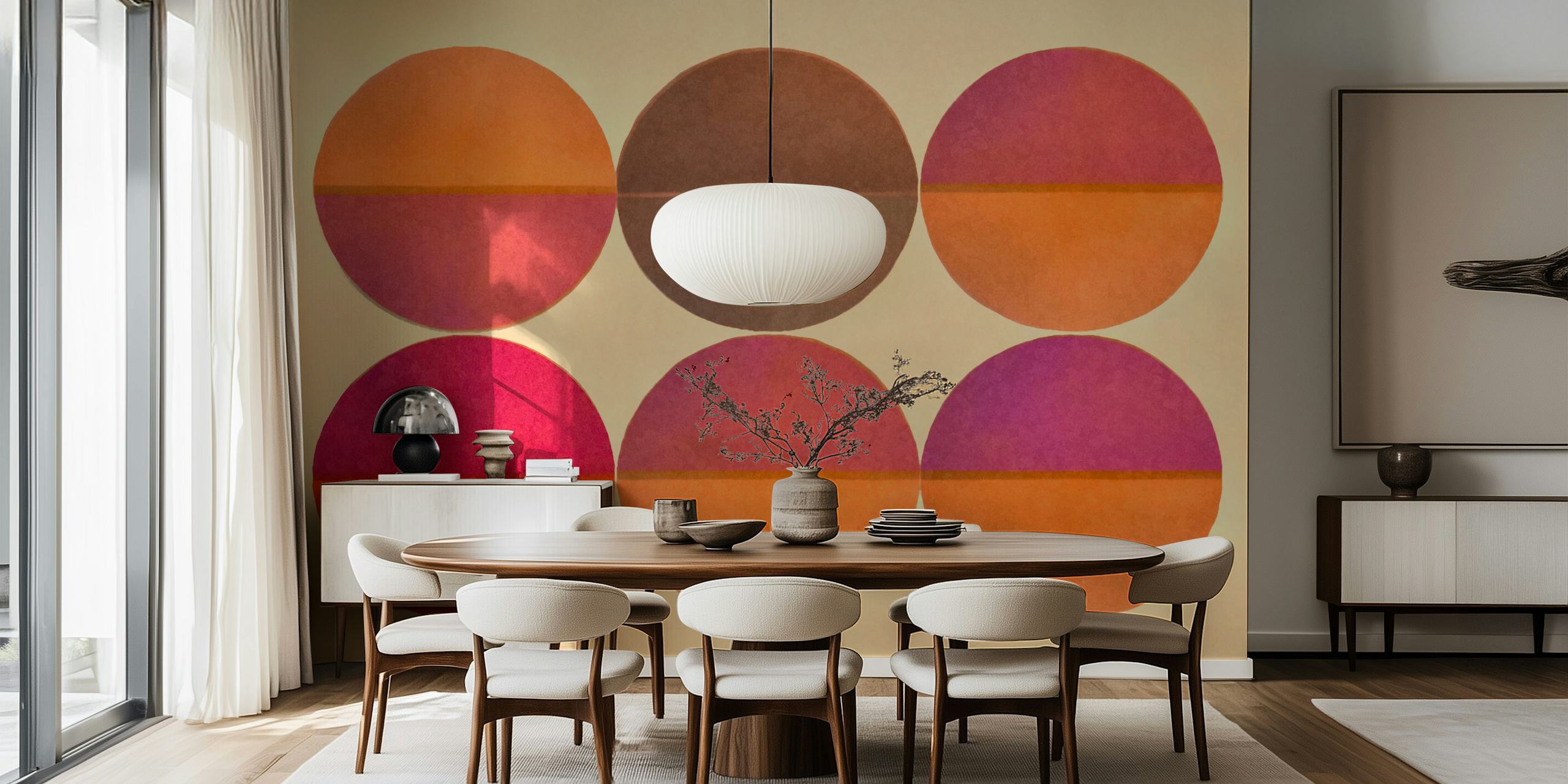 Fotomural de círculos simétricos en tonos naranja y rosa sobre un suave fondo beige