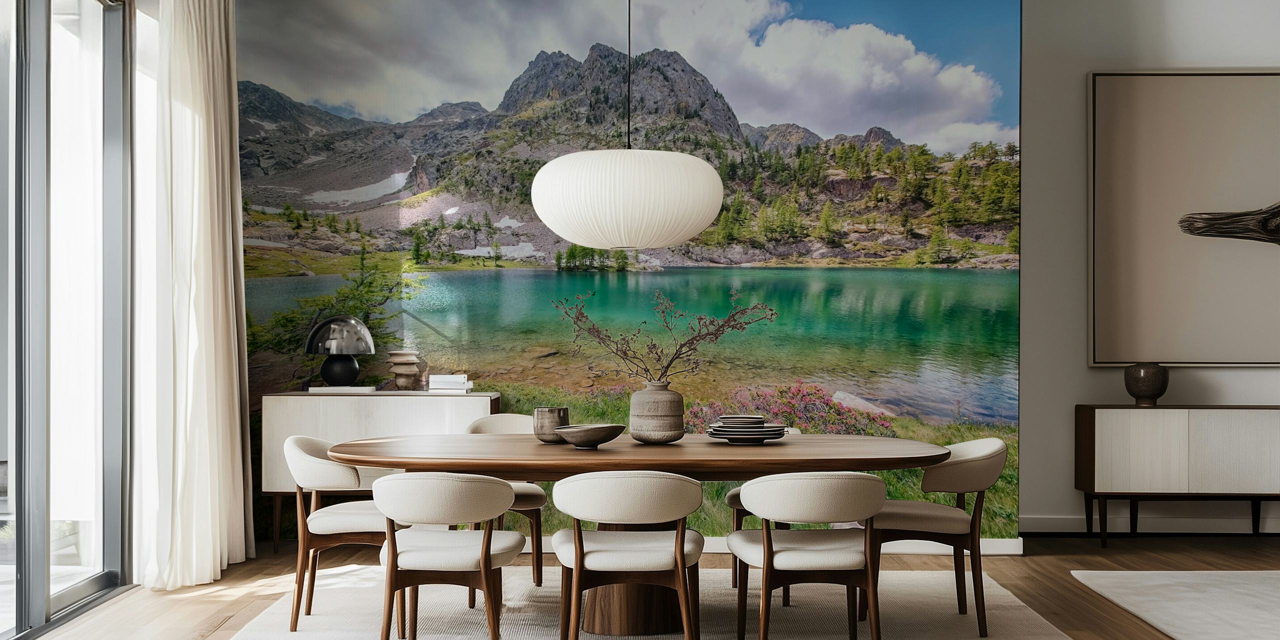 Lake surrounded by lush greenery and mountains, blue and green nature wallpaper