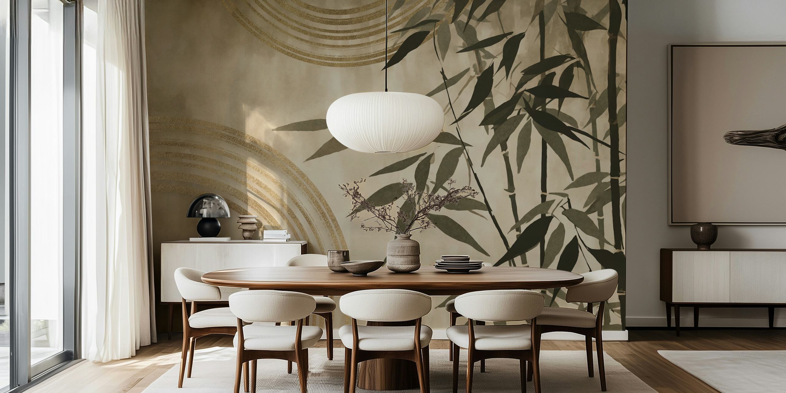 Wall mural of bamboo silhouettes with watercolor circular patterns on a creamy background