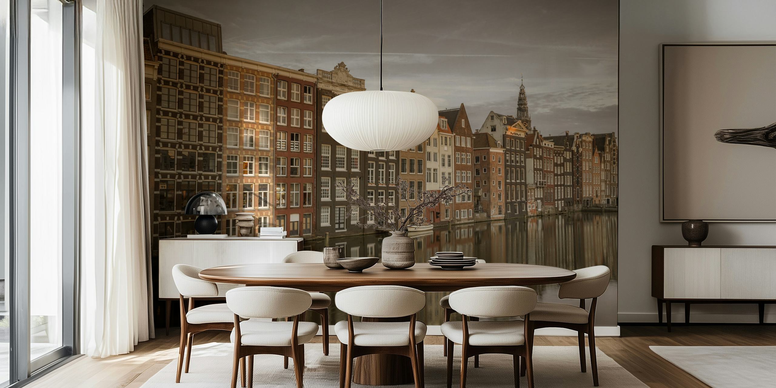Rows of Amsterdam canal houses in muted colors reflecting on water wallpaper