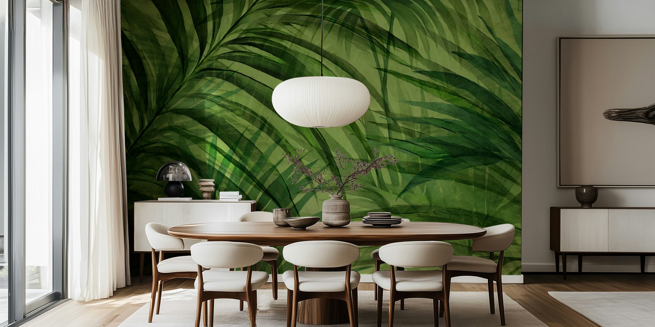 Lush green tropical palm leaf wallpaper design