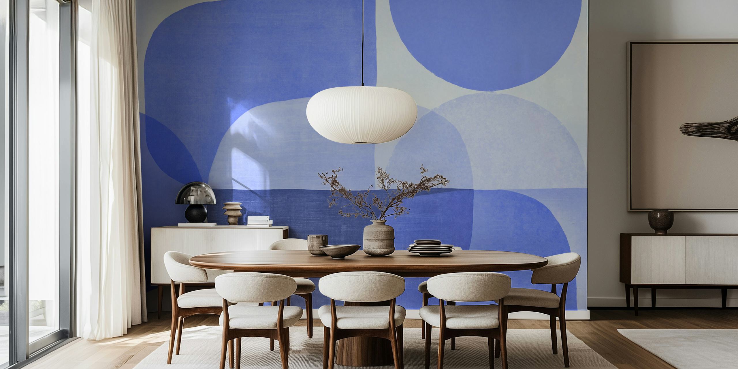 Papier peint Mid Century Roundish Shapes Blue dans une pièce