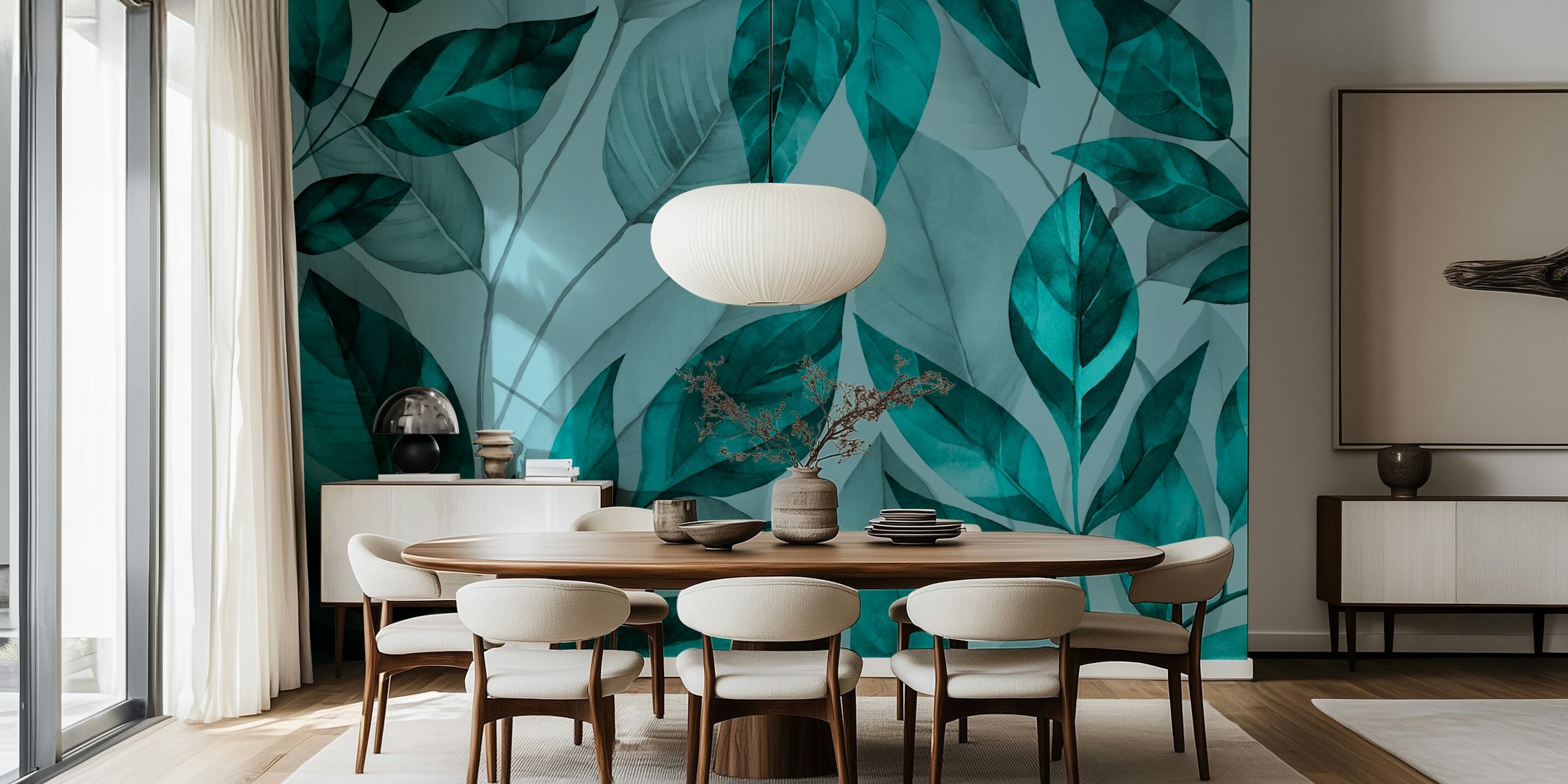 Turquoise foliage wallpaper design