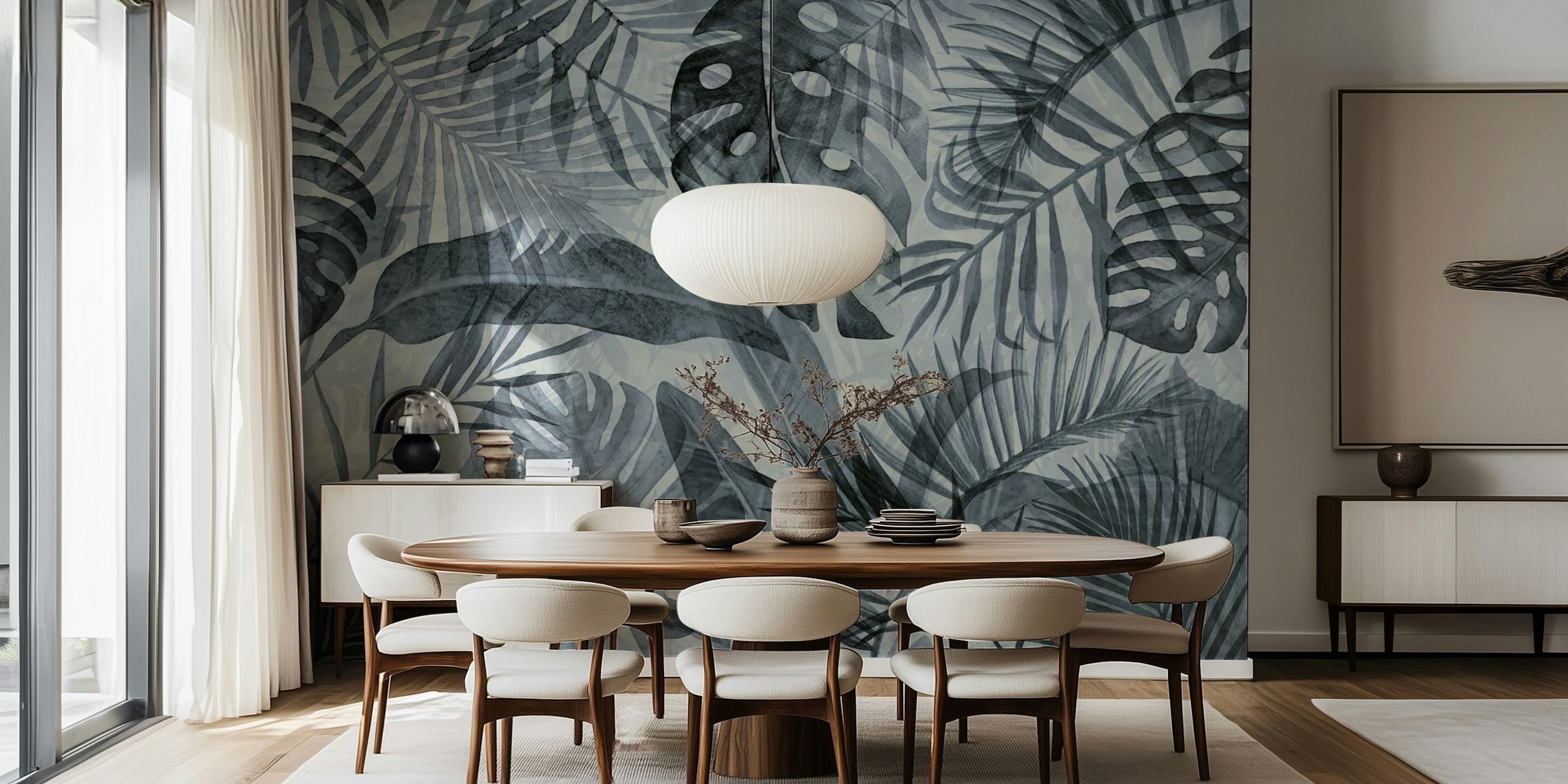 Monstera palm leaves in grey tones on wallpaper