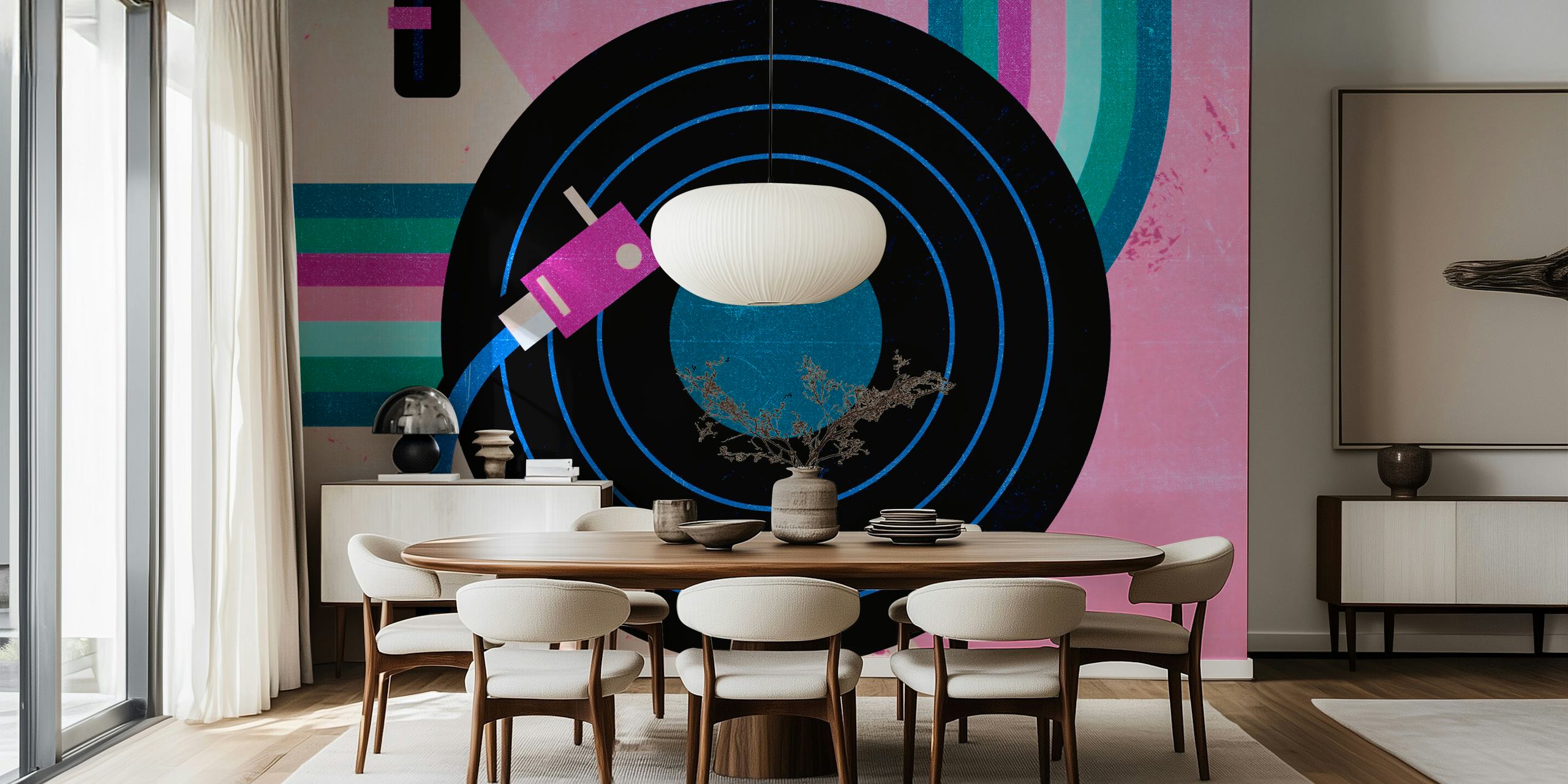 Retro vinyl record and turntable in pop art style wall mural