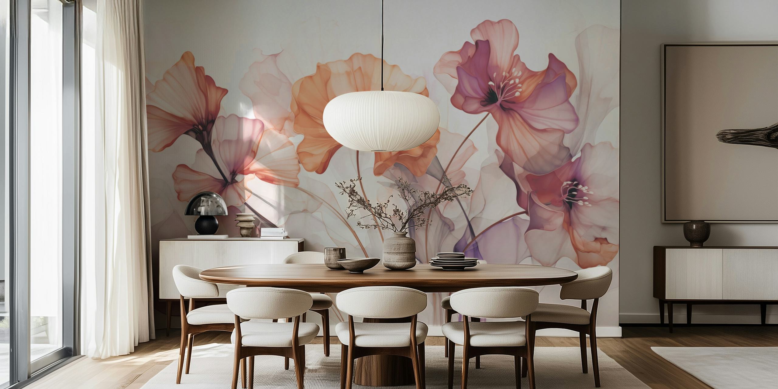 Ethereal Flower Fantasies Purple Peach wzór kwiatowy w pokoju