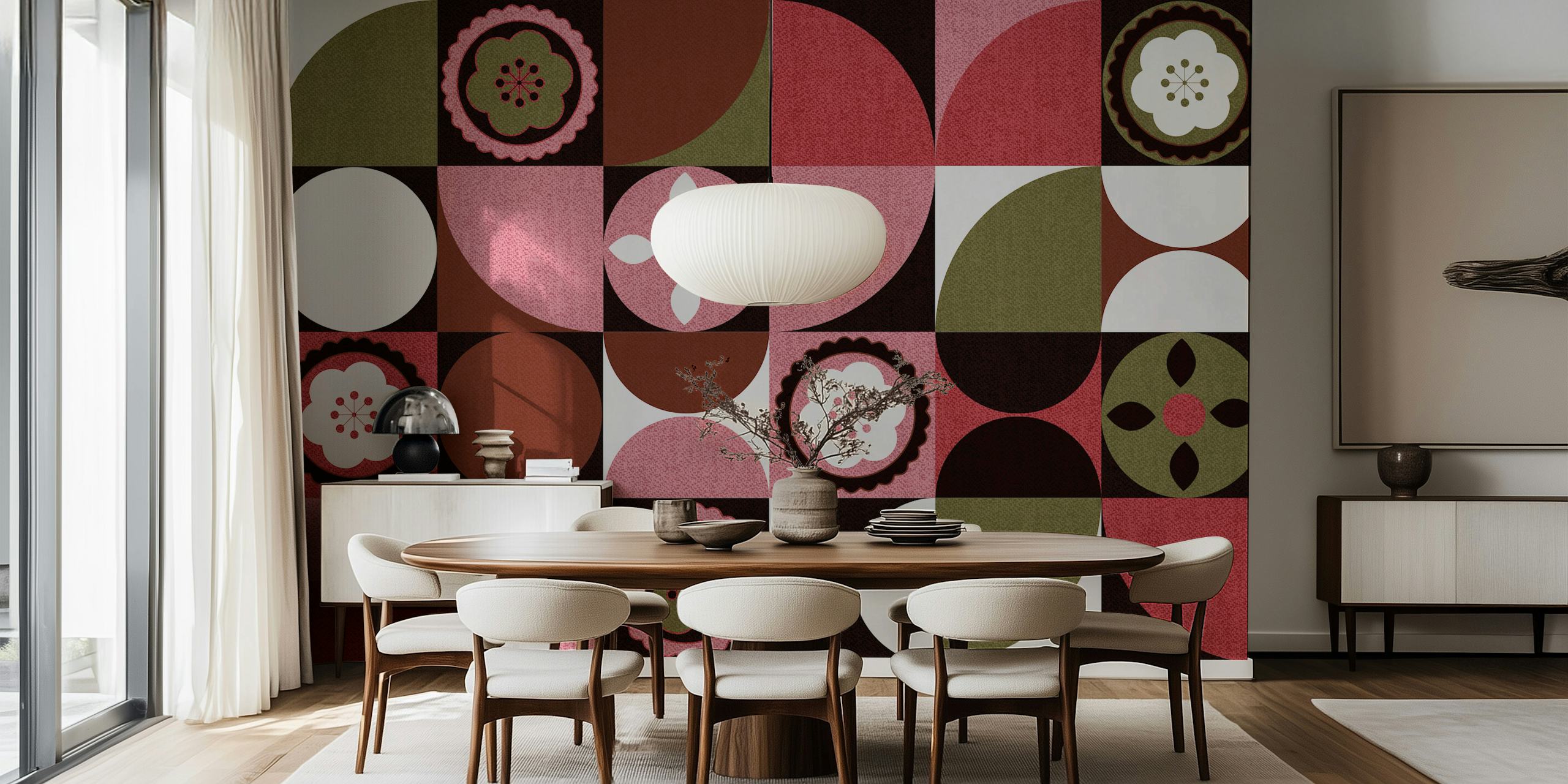 Peinture murale géométrique abstraite Scandi Floral Bauhaus avec un mélange de motifs floraux et de formes géométriques dans des tons de terre