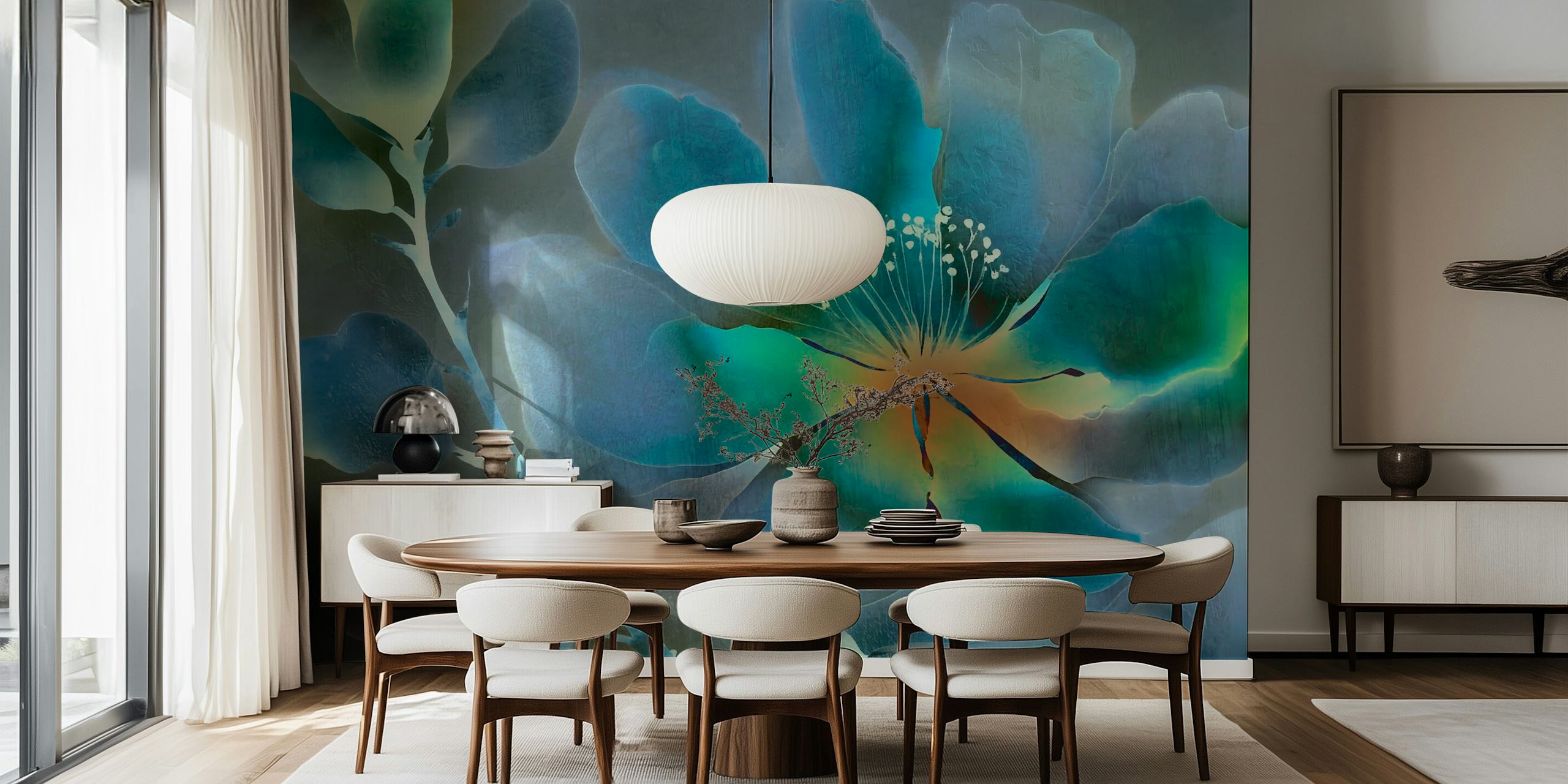 Op Azië geïnspireerde wabi-sabi bloemenmuurschildering met elegante bloemen met een rustige en natuurlijke uitstraling