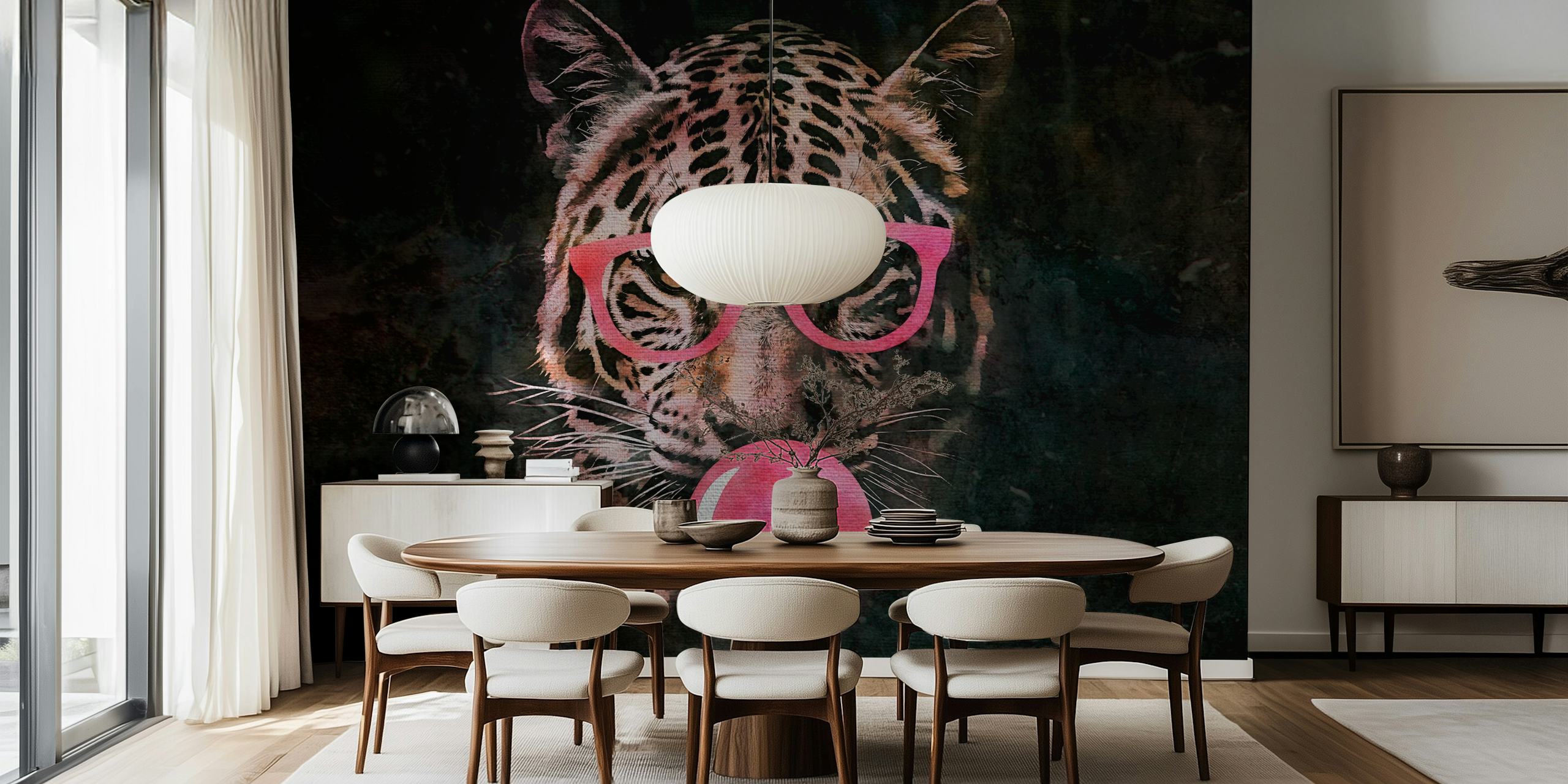 Tiger with pink glasses blowing bubblegum on dark background wallpaper
