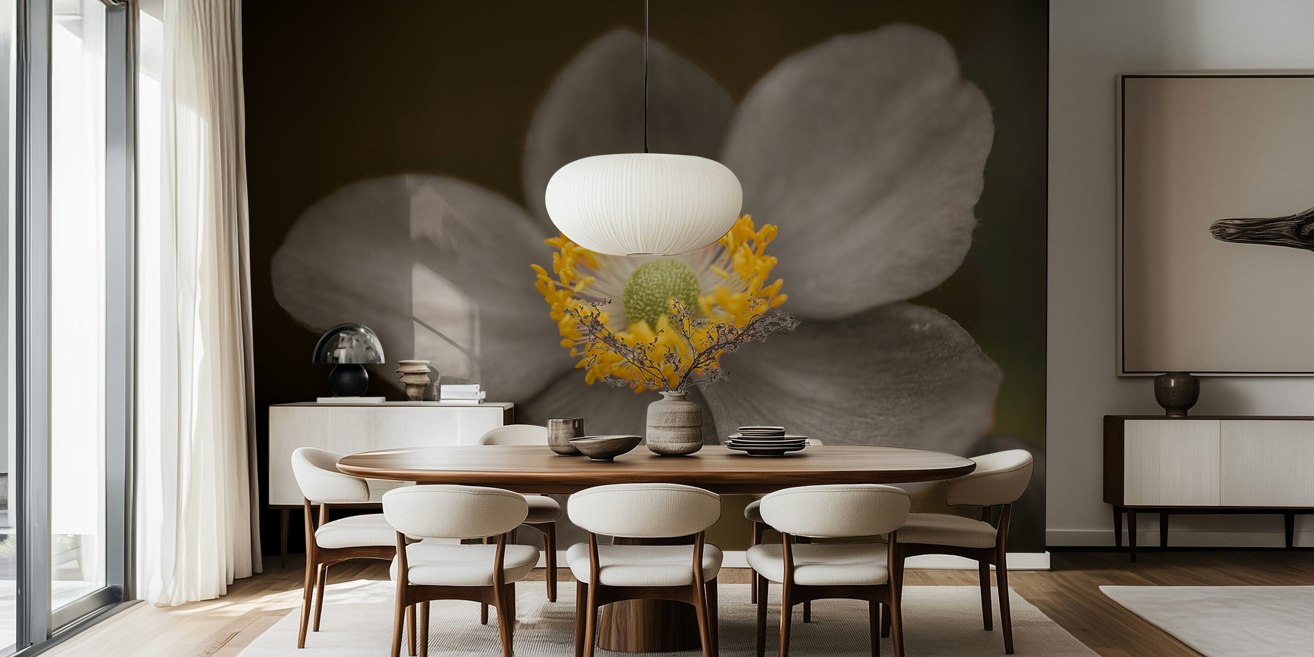 Gray floral wallpaper featuring an anemone flower with yellow and green details