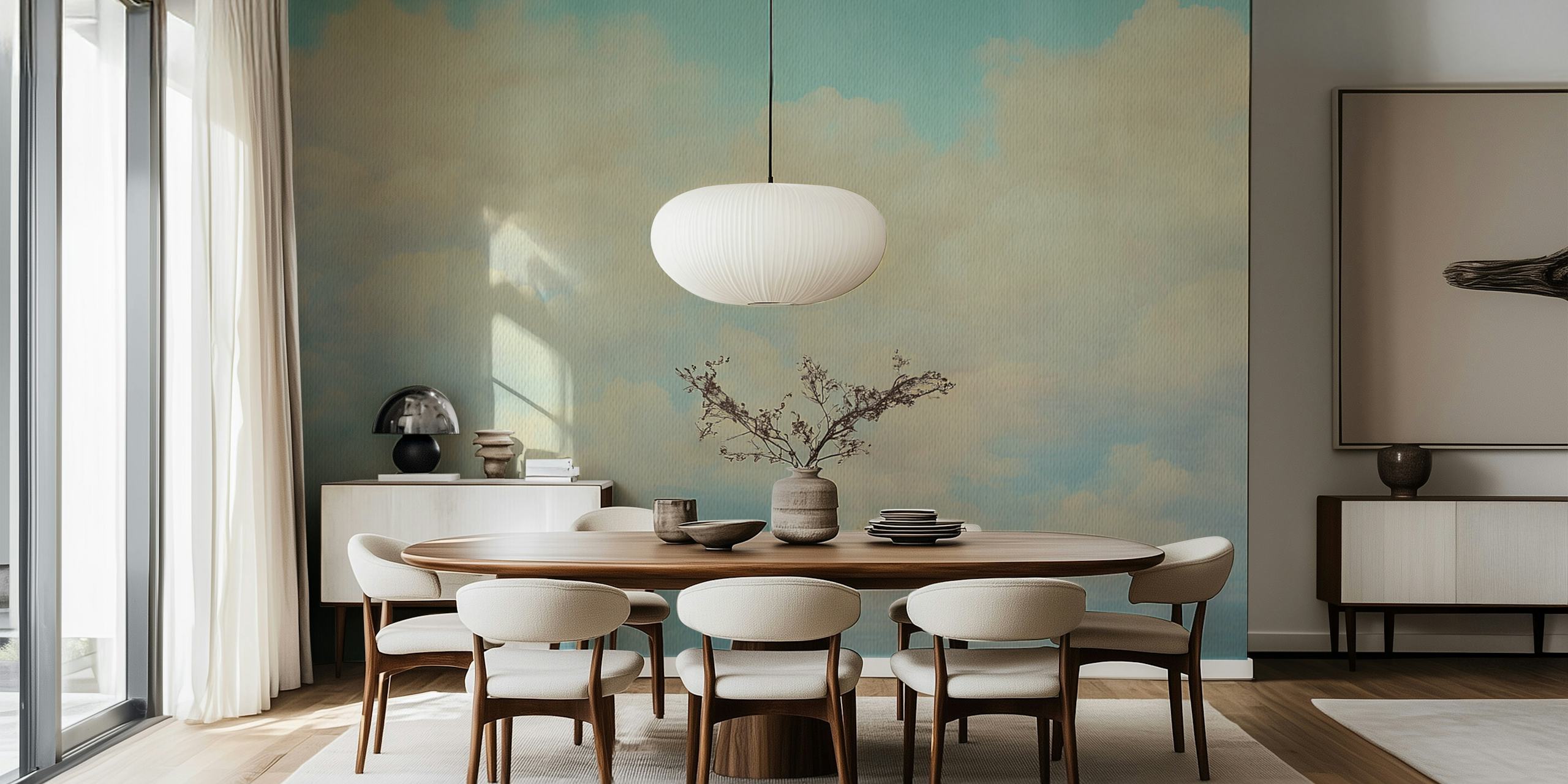 Pastel blue cotton candy clouds wallpaper in a room
