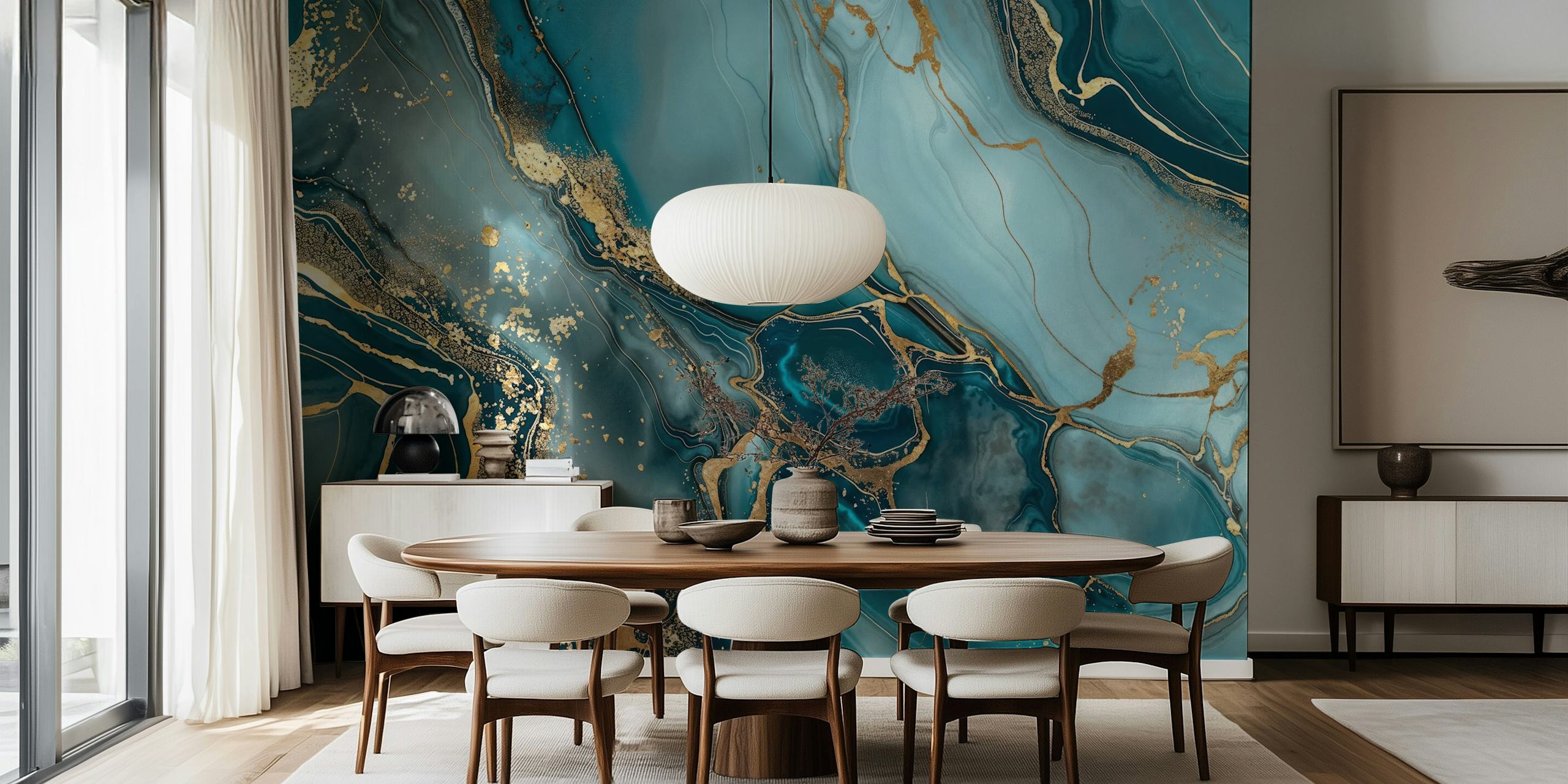 Teal and gold marble effect wallpaper with fluid patterns