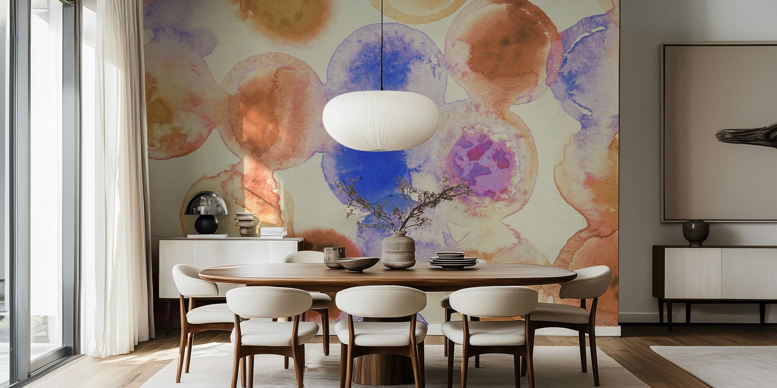 Colorful circles in blue, orange, and purple patterns wallpaper