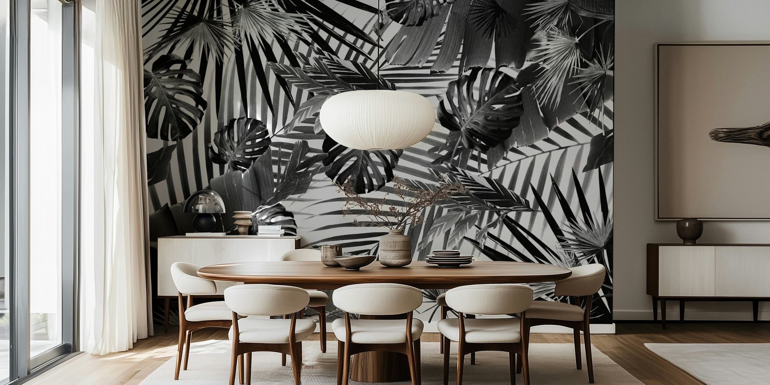 Black and white palm leaf pattern wallpaper.