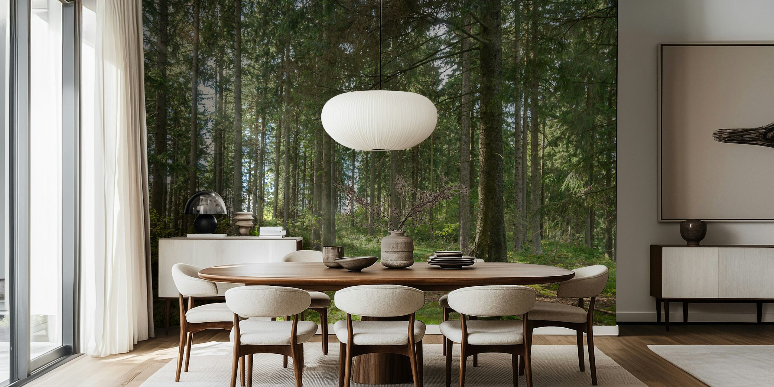 Forest wallpaper in a bright room