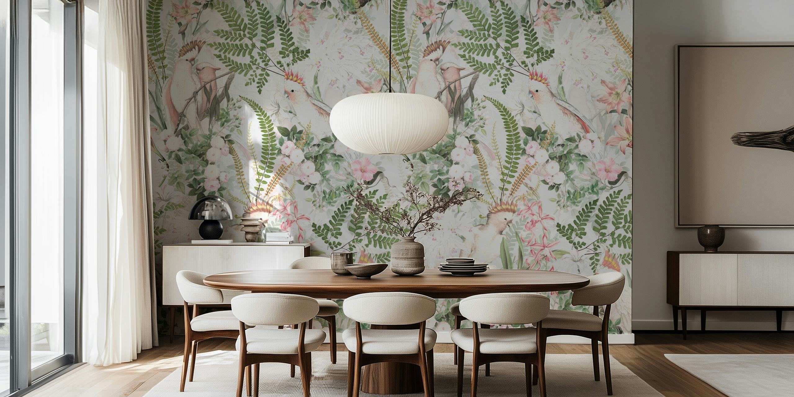 Cockatoos and tropical flowers with greenery wallpaper