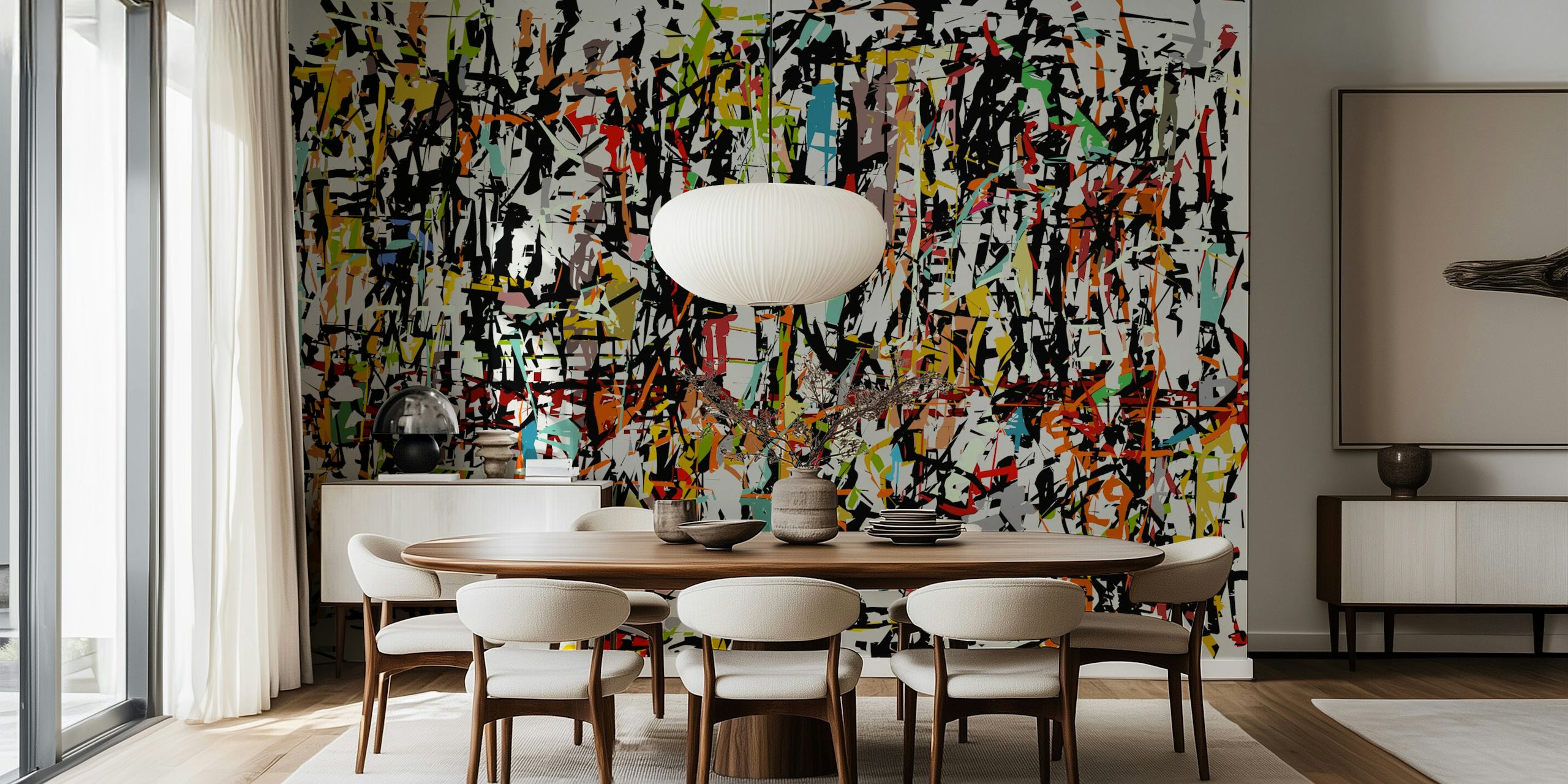 Wandbild im abstrakten Expressionismus-Stil mit bunten Spritzern und schwungvollen Pinselstrichen