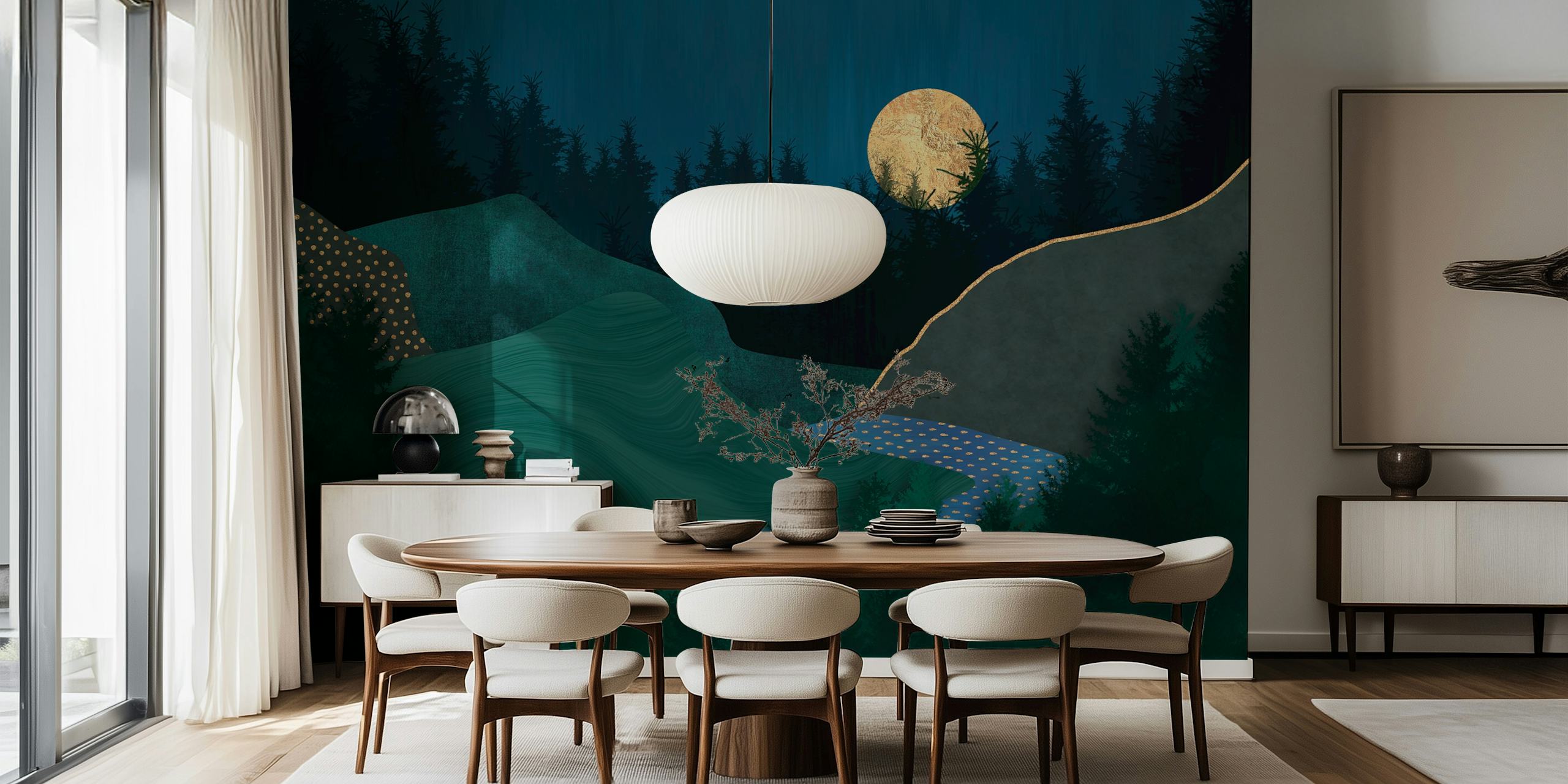 Midnight forest landscape with a full moon; blue and green wallpaper