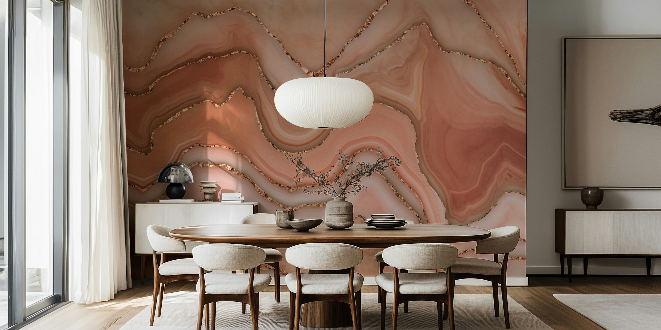 Marble wallpaper in shades of rose, copper, and cream with wavy patterns.