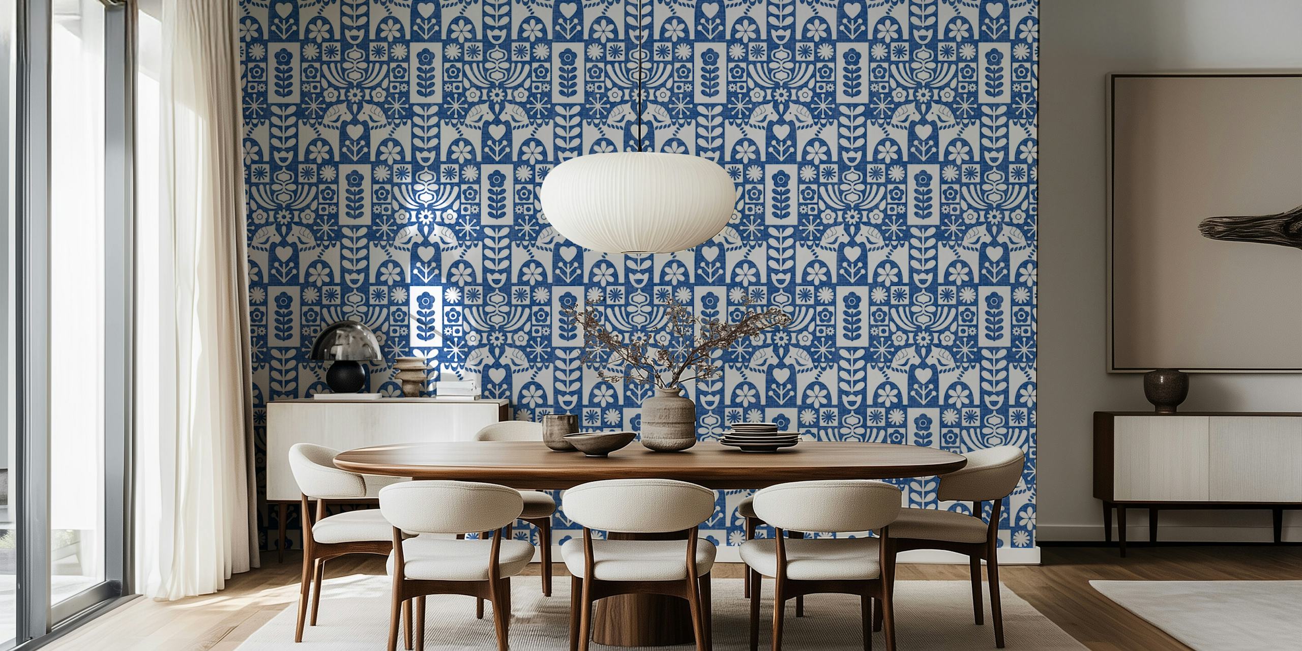 Swedish Folk Art Mid-Century Modern Blue Wall Mural with Floral and Geometric Patterns