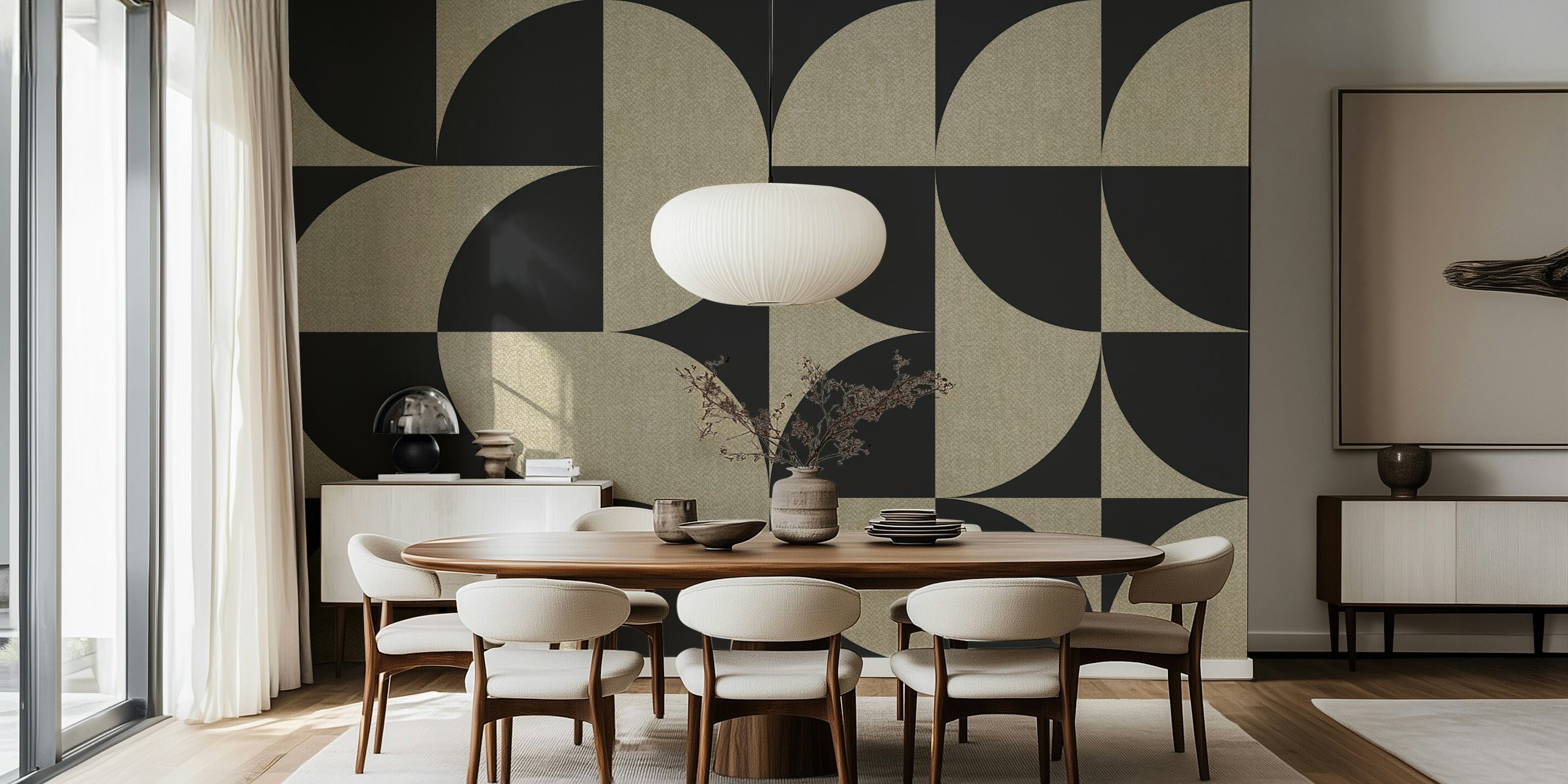Papel de parede Mid-Century Muted Geometric Art em um quarto