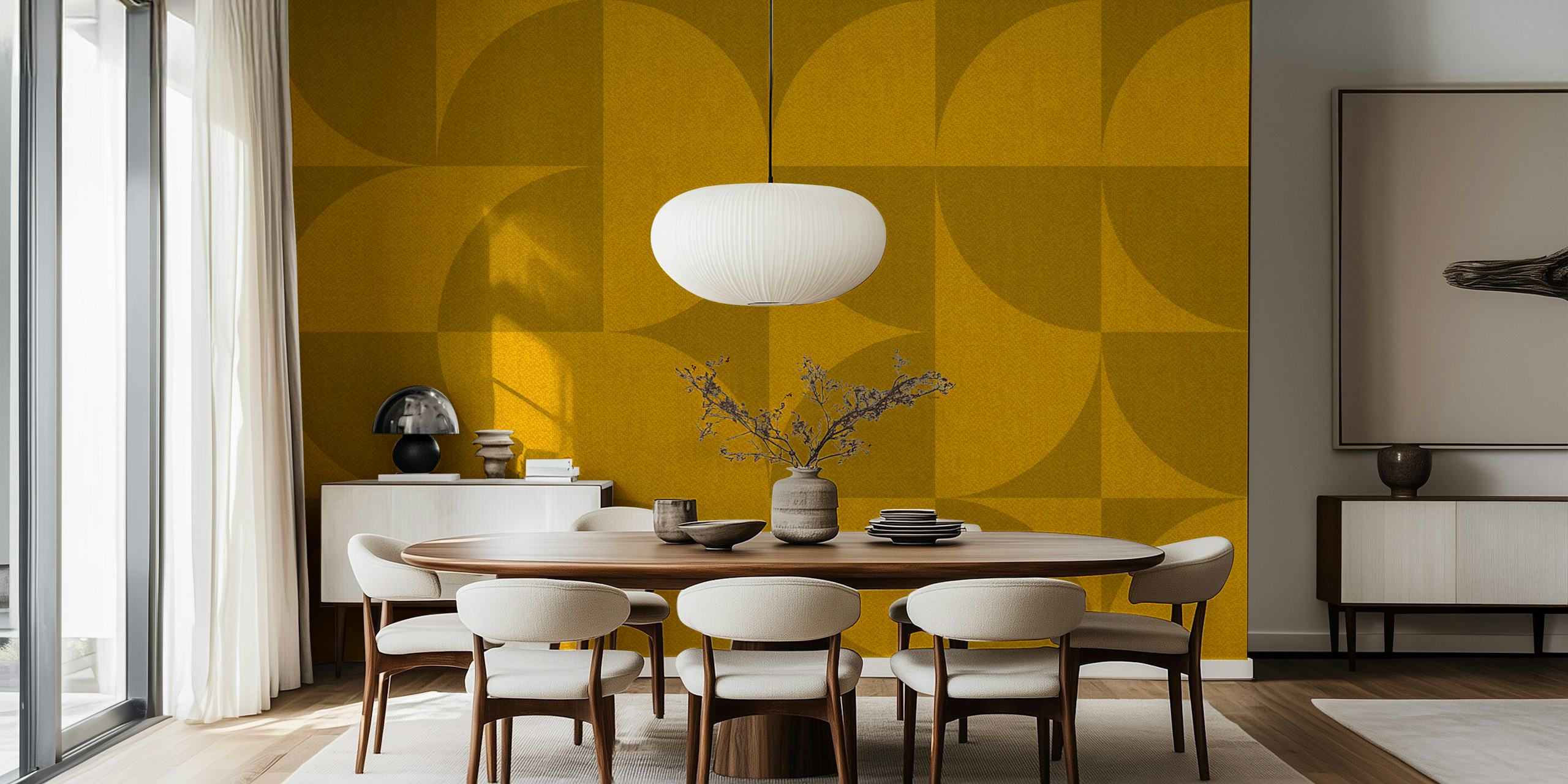 Mid-Century Muted Curry Geometry i ett stiligt rum