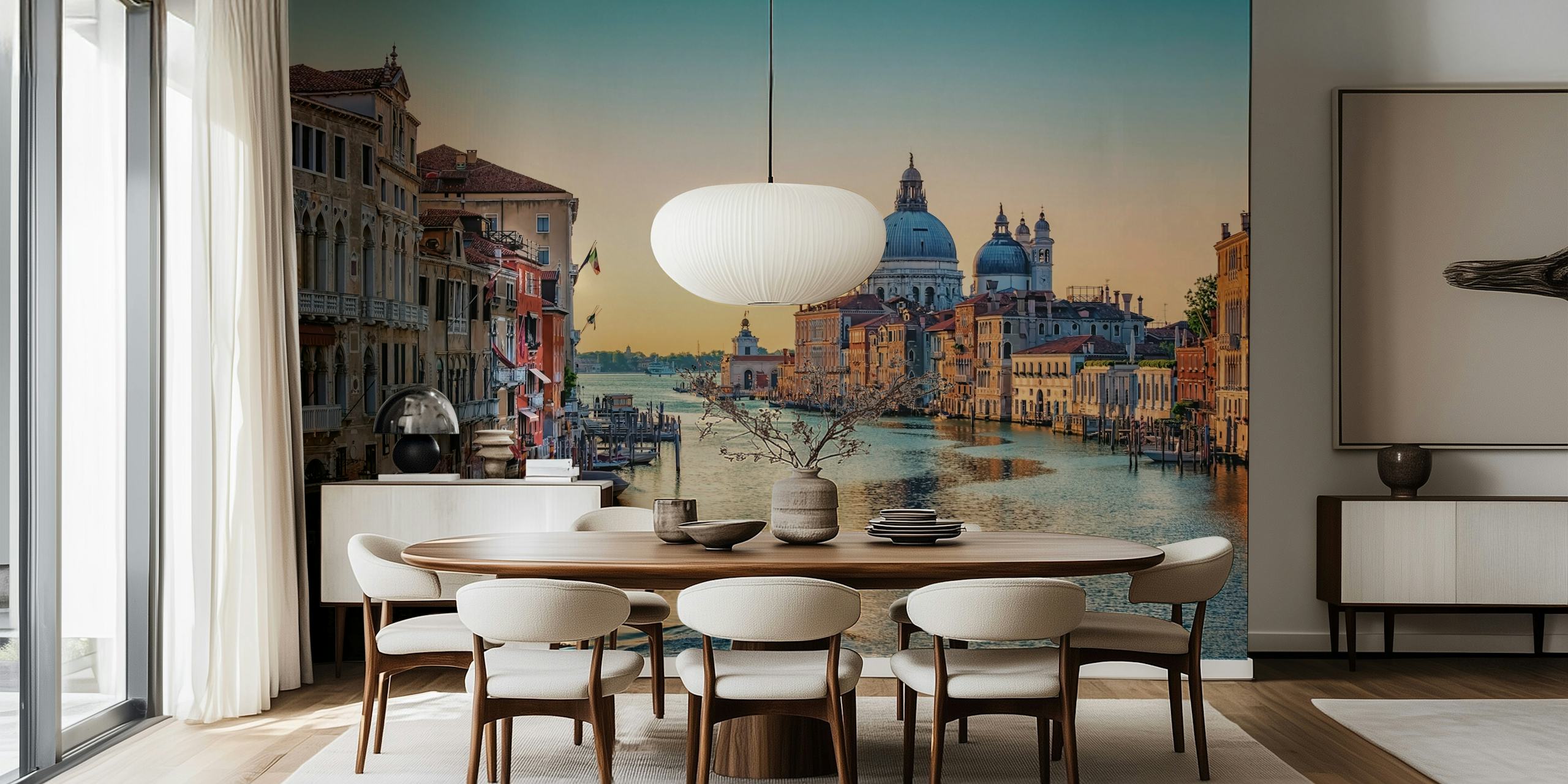 Venice Grand Canal sunrise wall mural with a boat and historical buildings