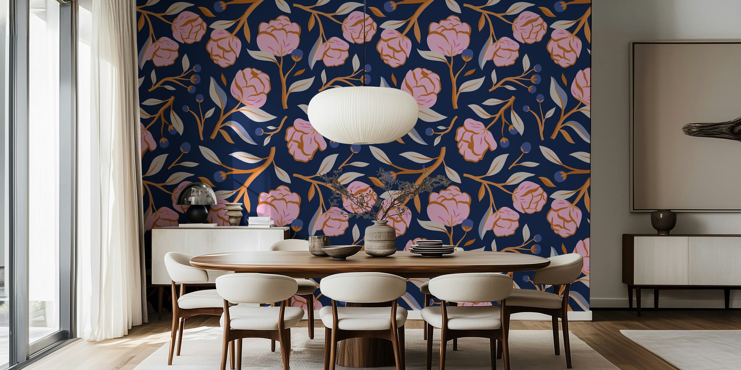 Mural de parede Peony Pop Blue com flores de peônia rosa em fundo marinho
