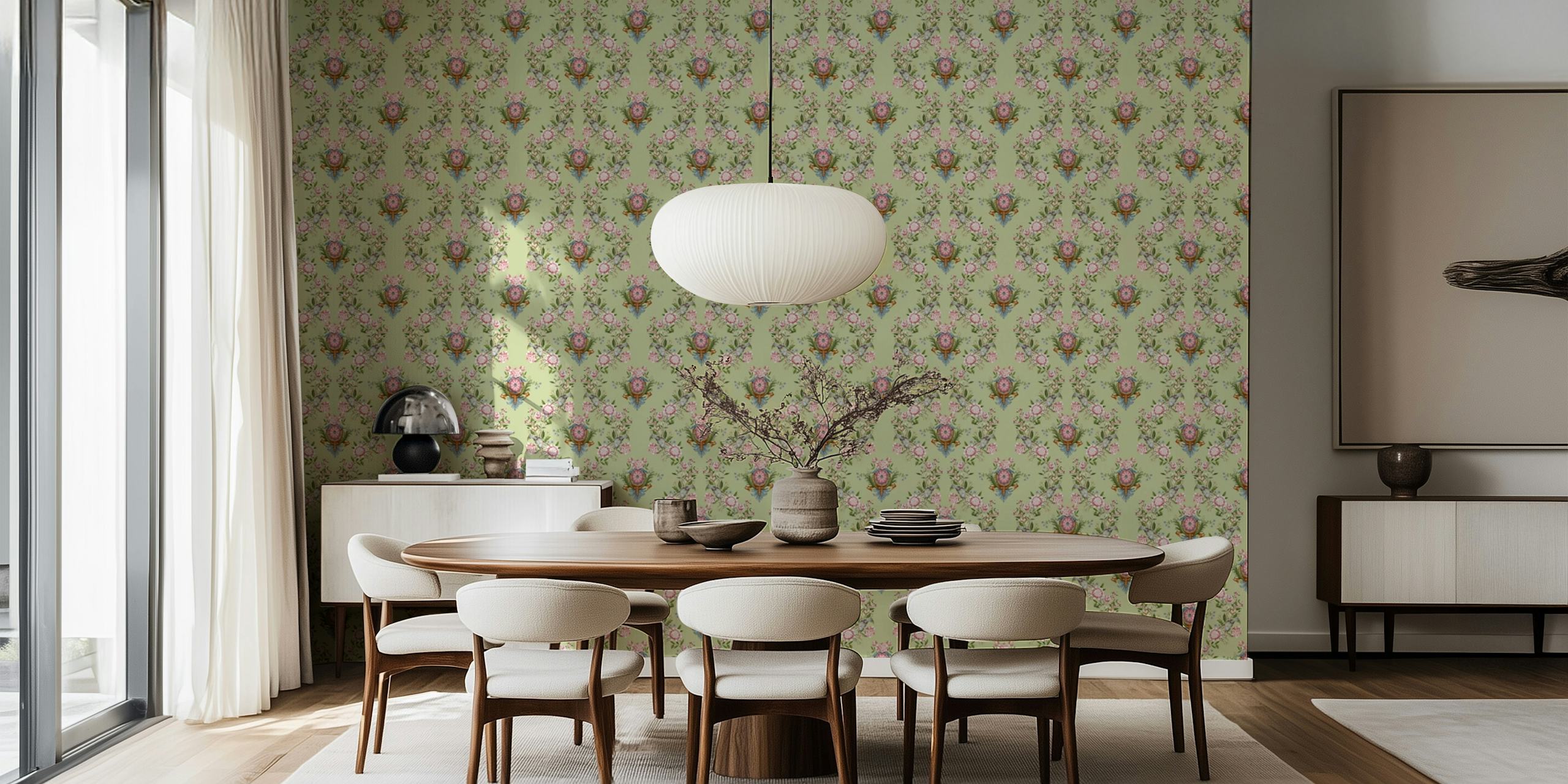 Dove And Peonies Chinoiserie Garden Green wallpaper in a room
