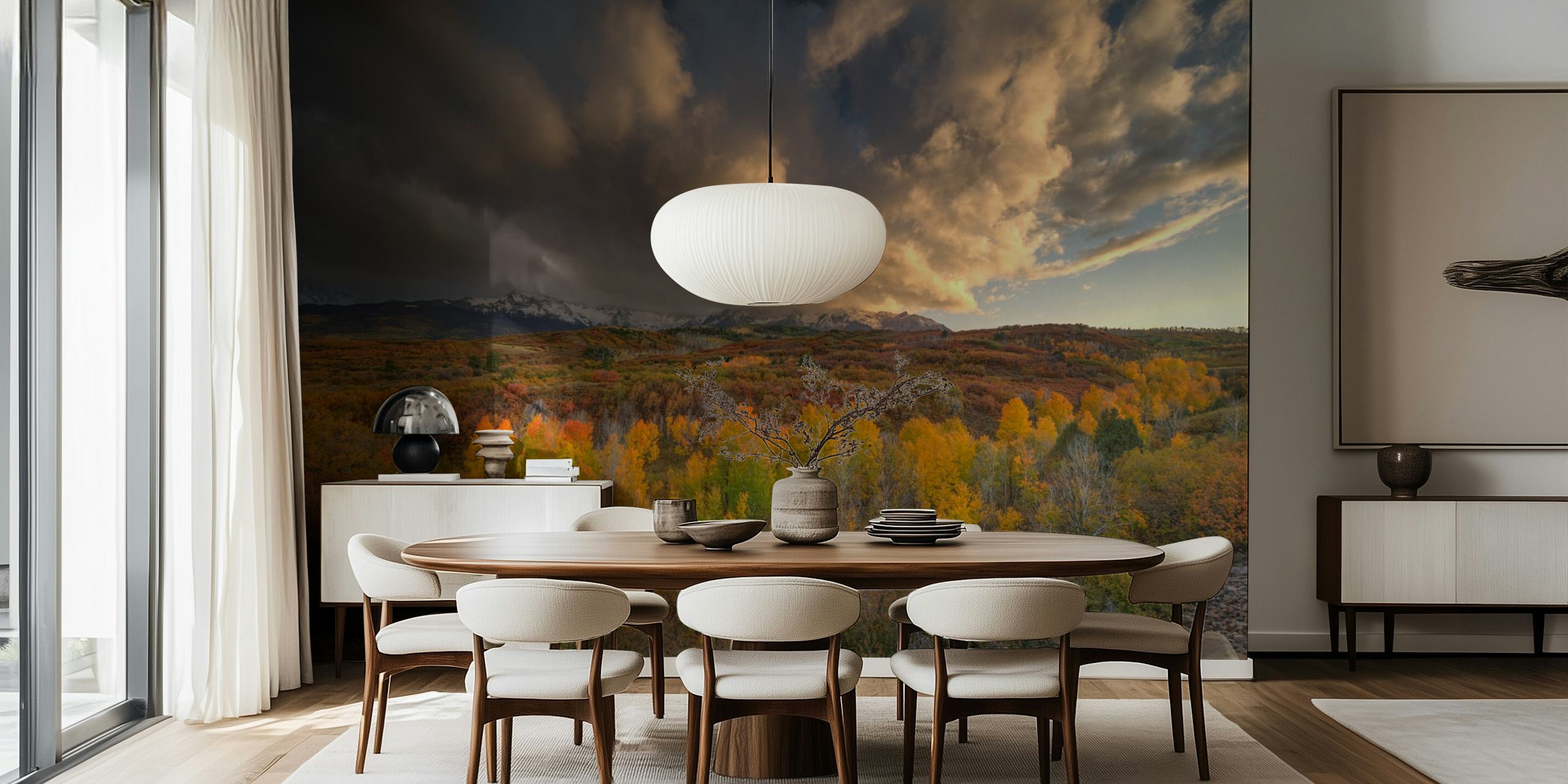 Vibrant autumn landscape with dark clouds wallpaper
