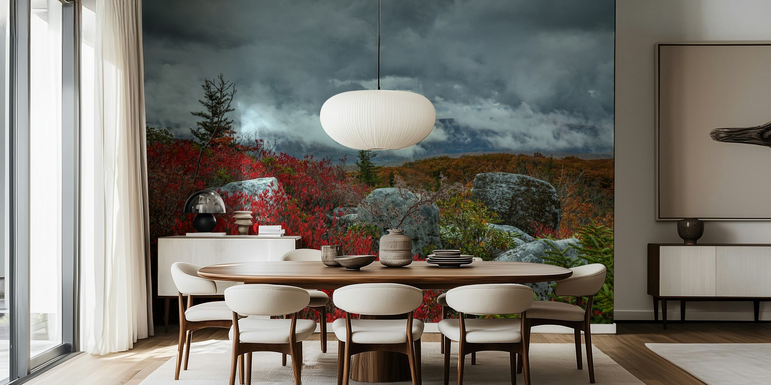 Storm over Dolly Sods Wilderness with vibrant red foliage and moody skies wall mural