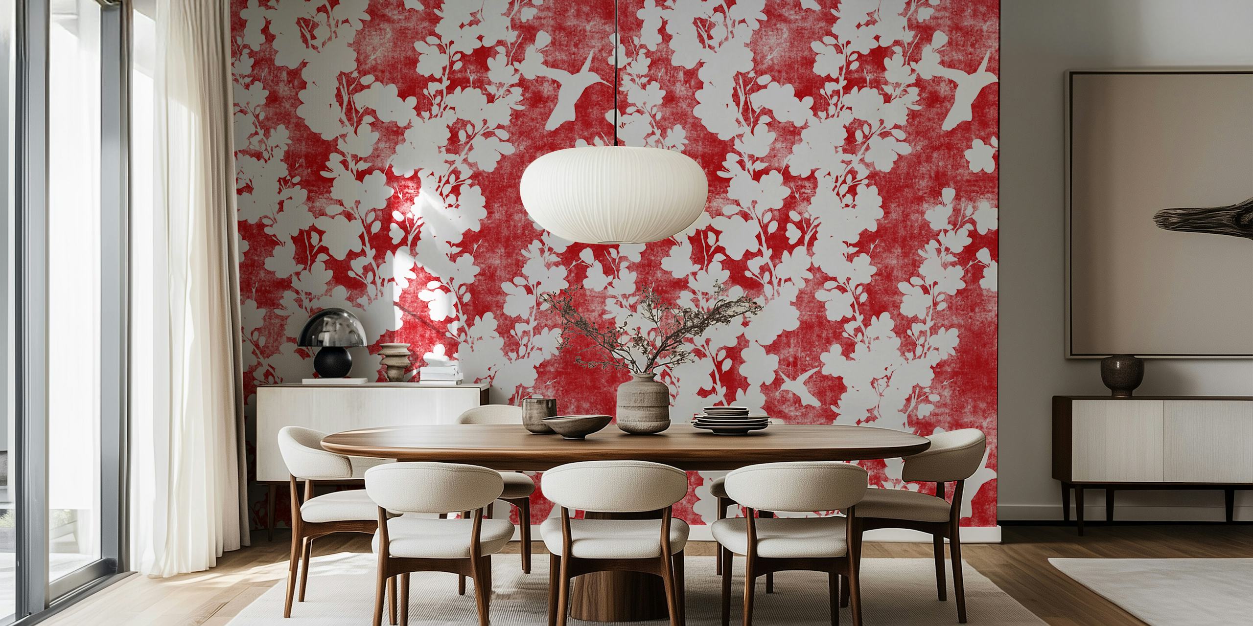 Scarlet red background with white cherry blossom silhouette pattern wall mural