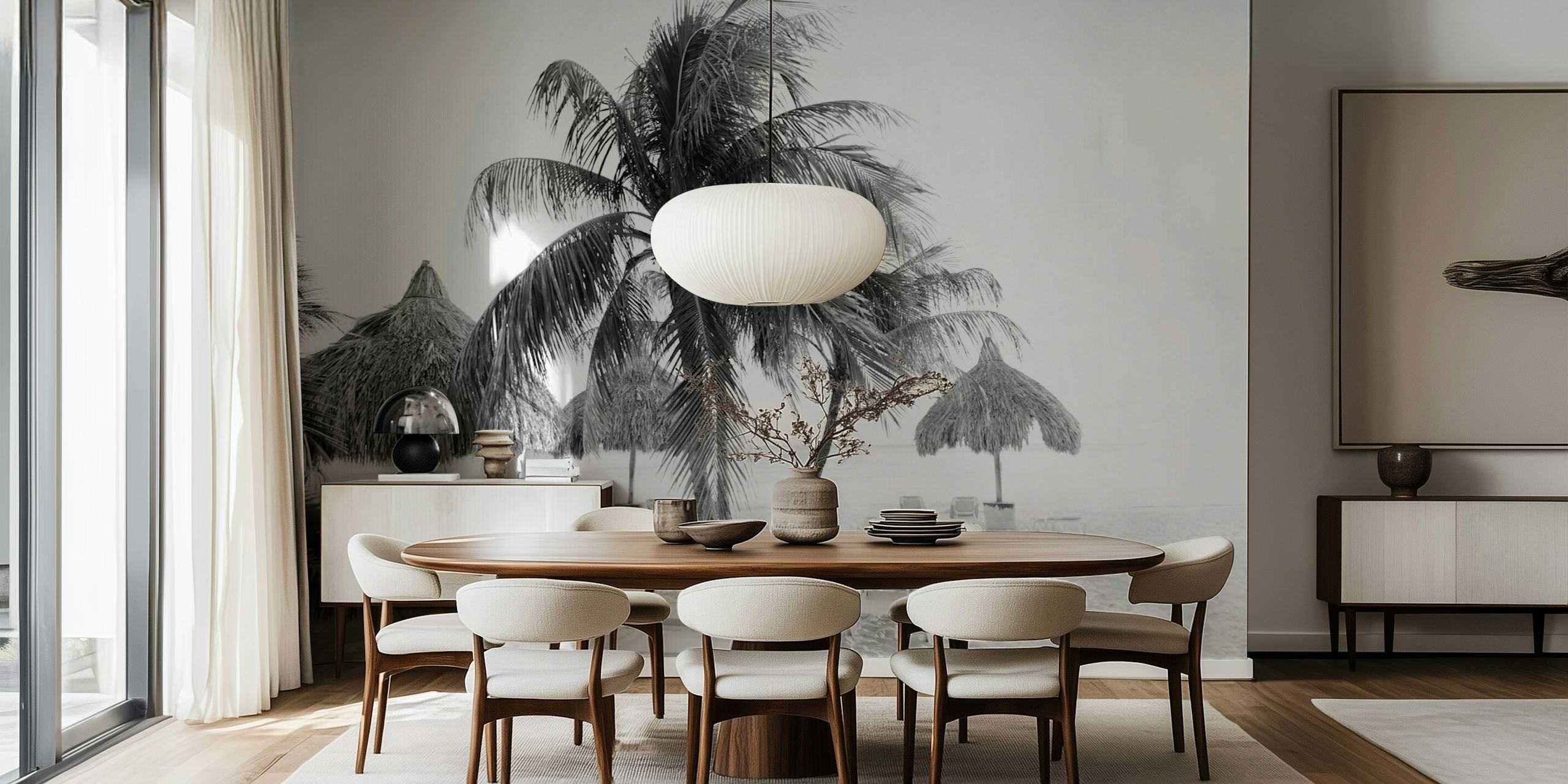 Palm trees on a beach in black and white style wallpaper