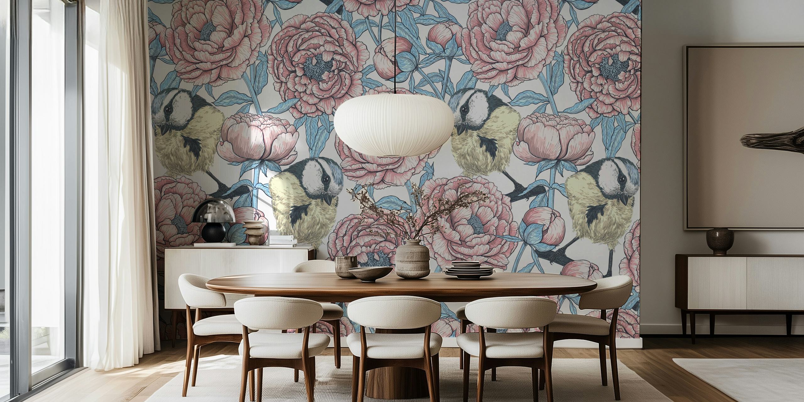 Peony flowers and birds in pink and blue tones wallpaper